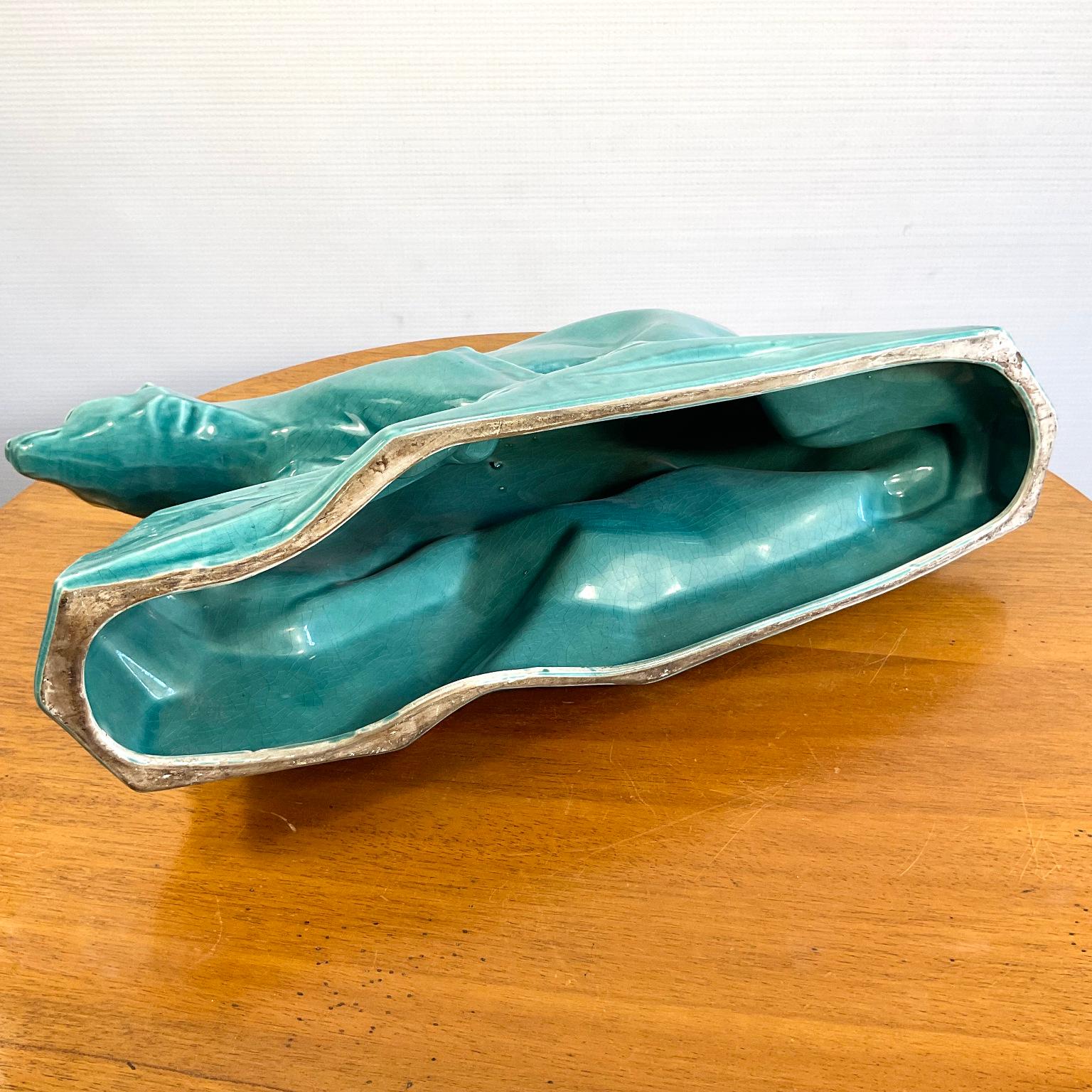 1930s Art Deco Polar Bear in Cracked Turquoise Ceramic by Edouard Cazaux In Good Condition In London, GB