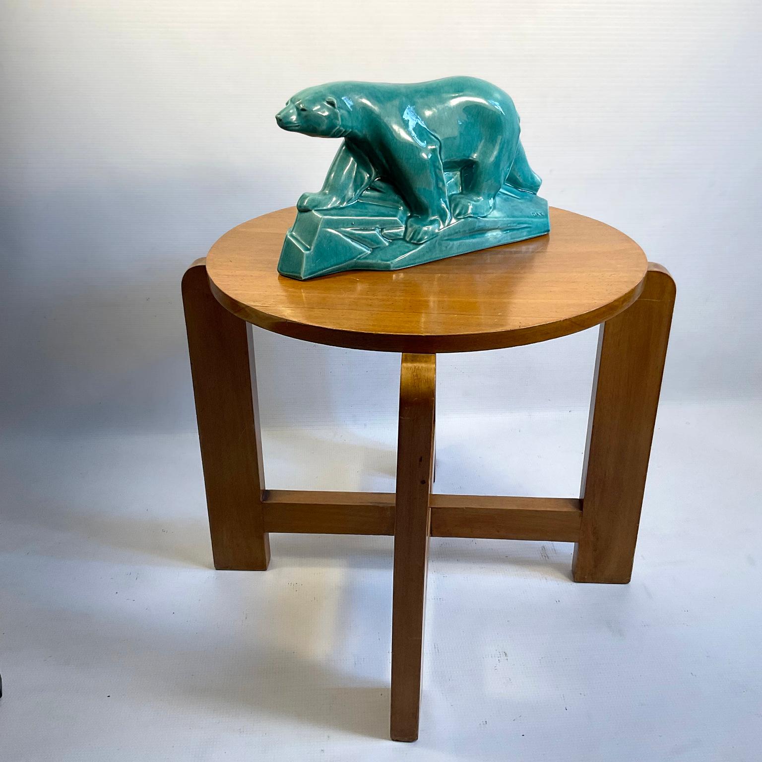 Oso polar Art Decó de 1930 en cerámica turquesa agrietada de Edouard Cazaux mediados del siglo XX en venta