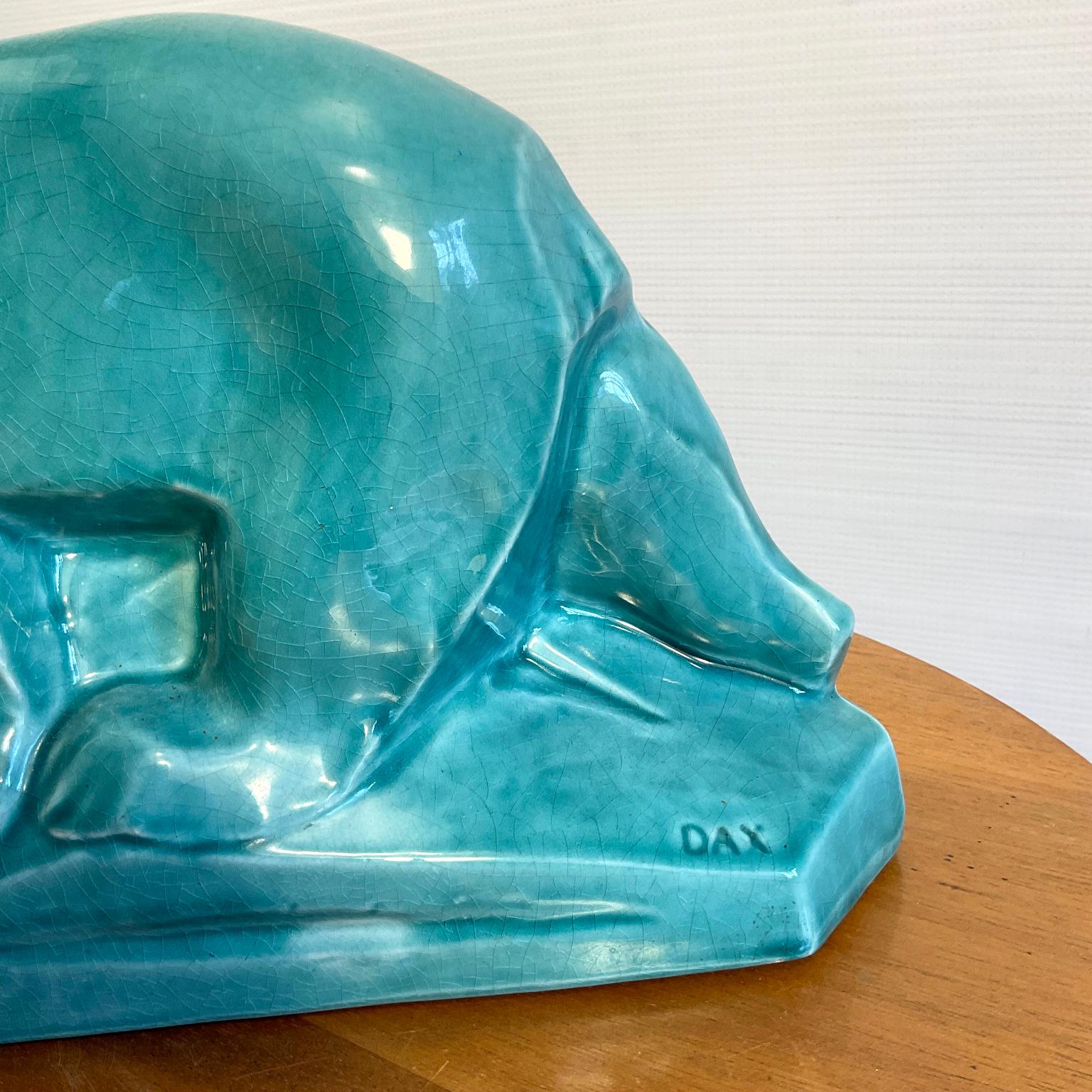 1930s Art Deco Polar Bear in Cracked Turquoise Ceramic by Edouard Cazaux 1