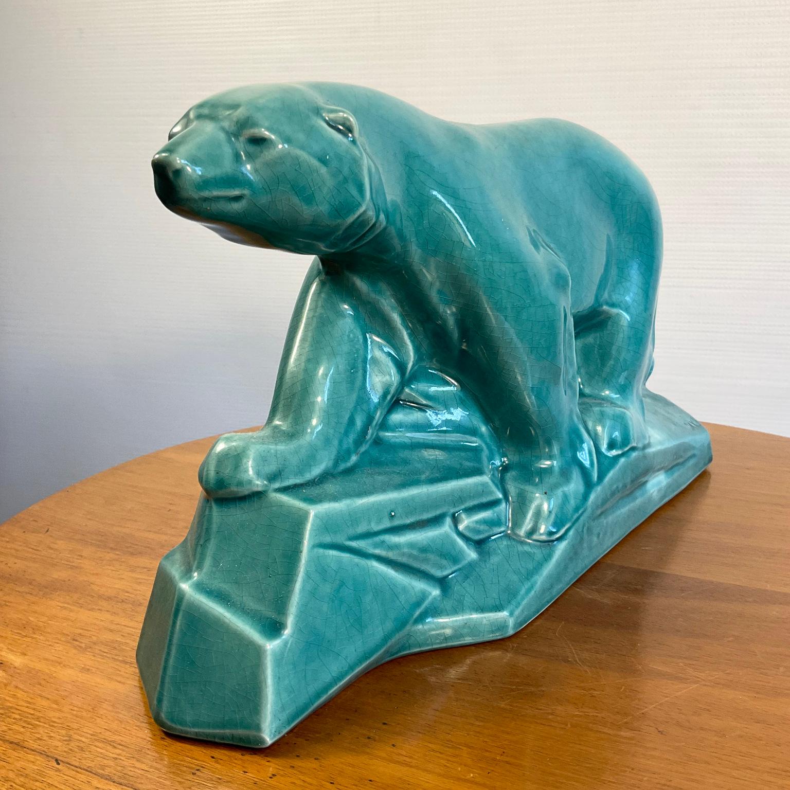 Oso polar Art Decó de 1930 en cerámica turquesa agrietada de Edouard Cazaux Cerámico en venta