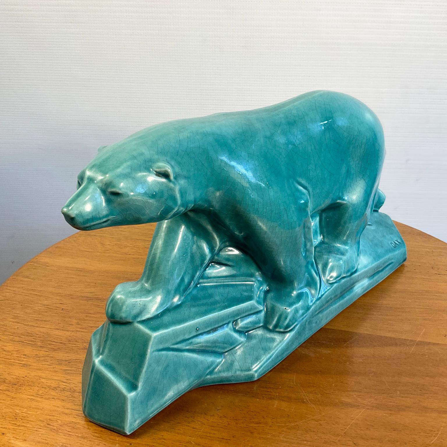 1930s Art Deco Polar Bear in Cracked Turquoise Ceramic by Edouard Cazaux 2