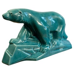 Ours polaire Art Déco des années 1930 en céramique turquoise craquelée par Edouard Cazaux