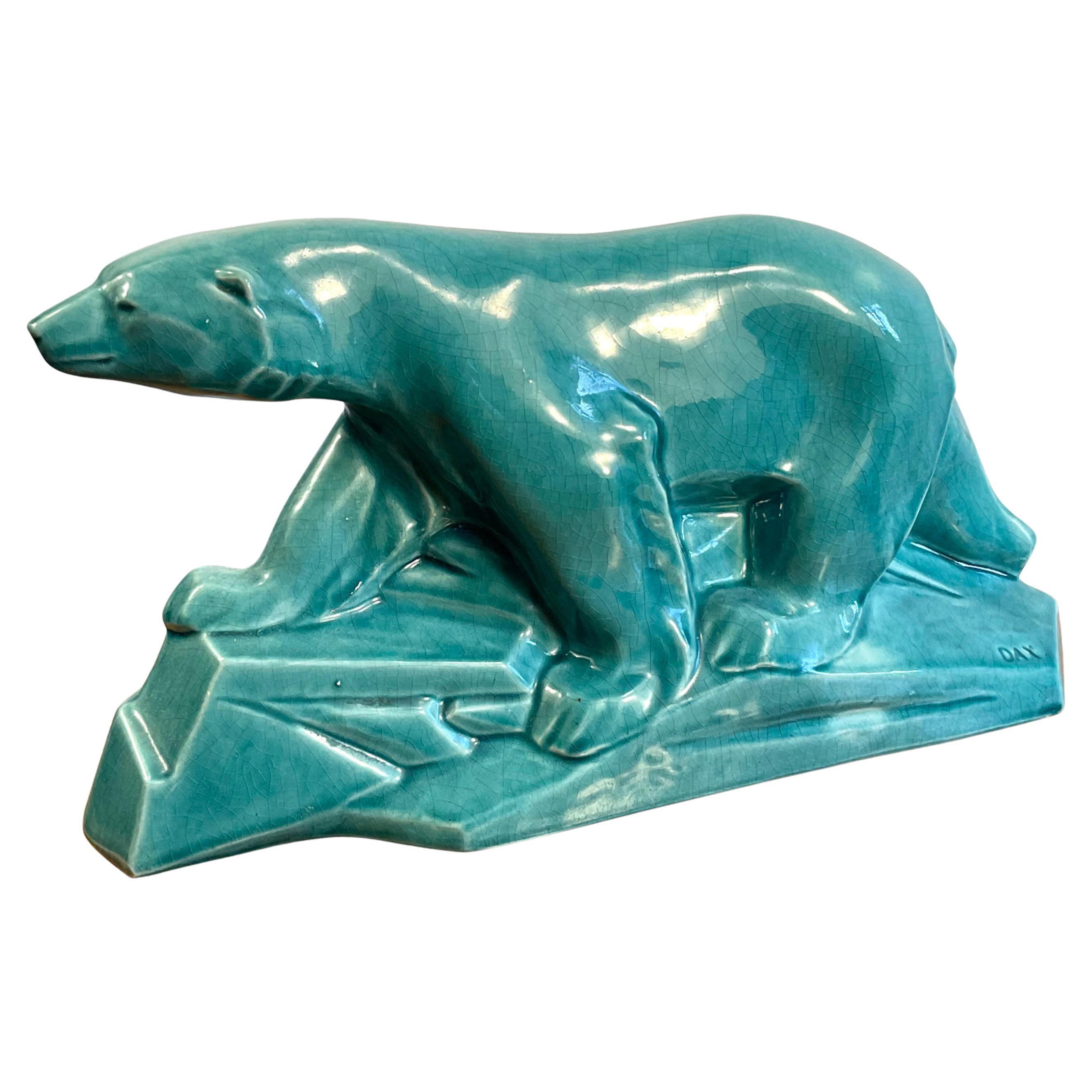 Ours polaire Art Déco des années 1930 en céramique turquoise craquelée par Edouard Cazaux