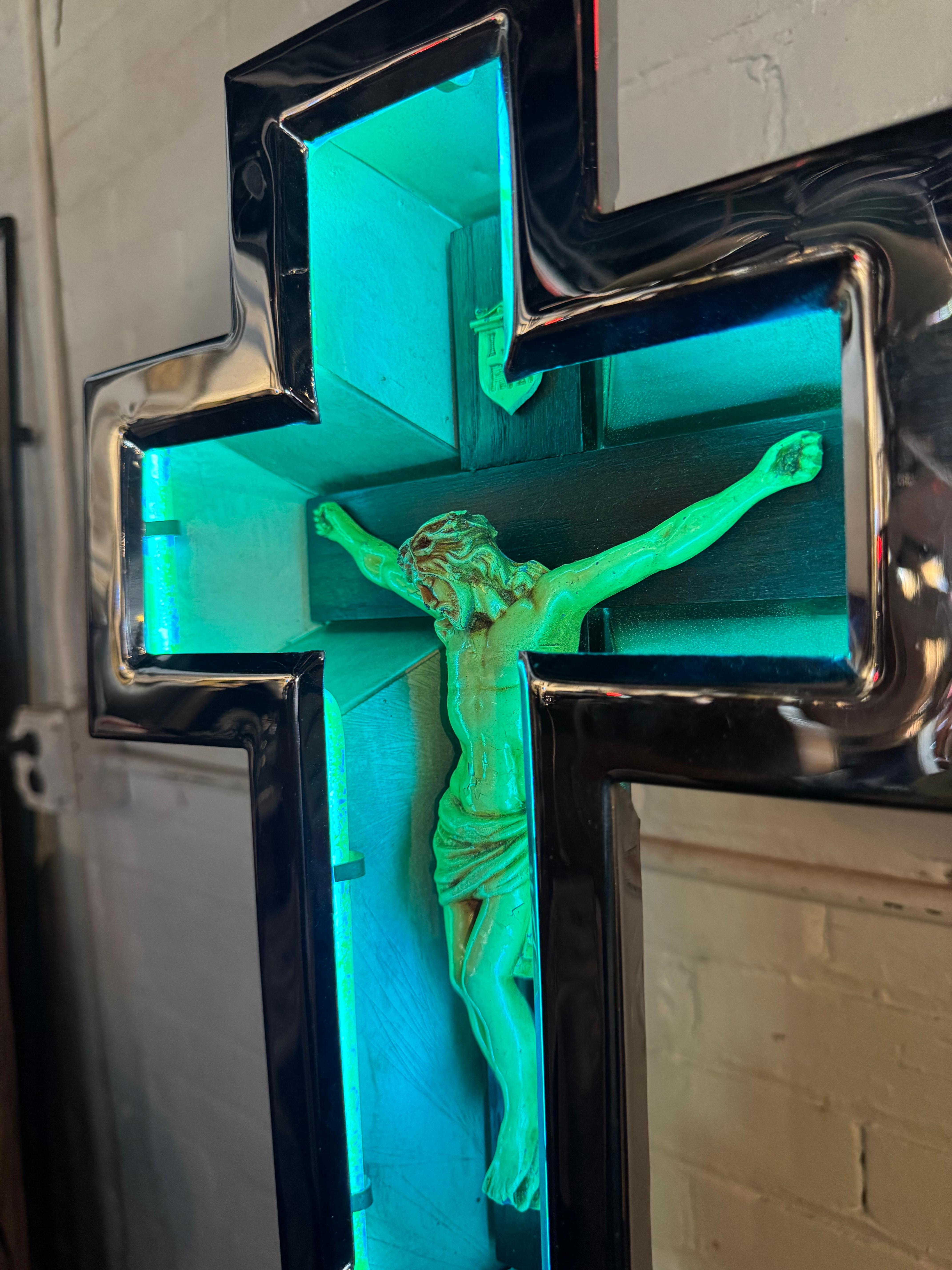 
Rare 1930's Art Deco Polished Chrome / Neon Crucifix.. Floor, Table-top or hanging option, Adjustable stand 48