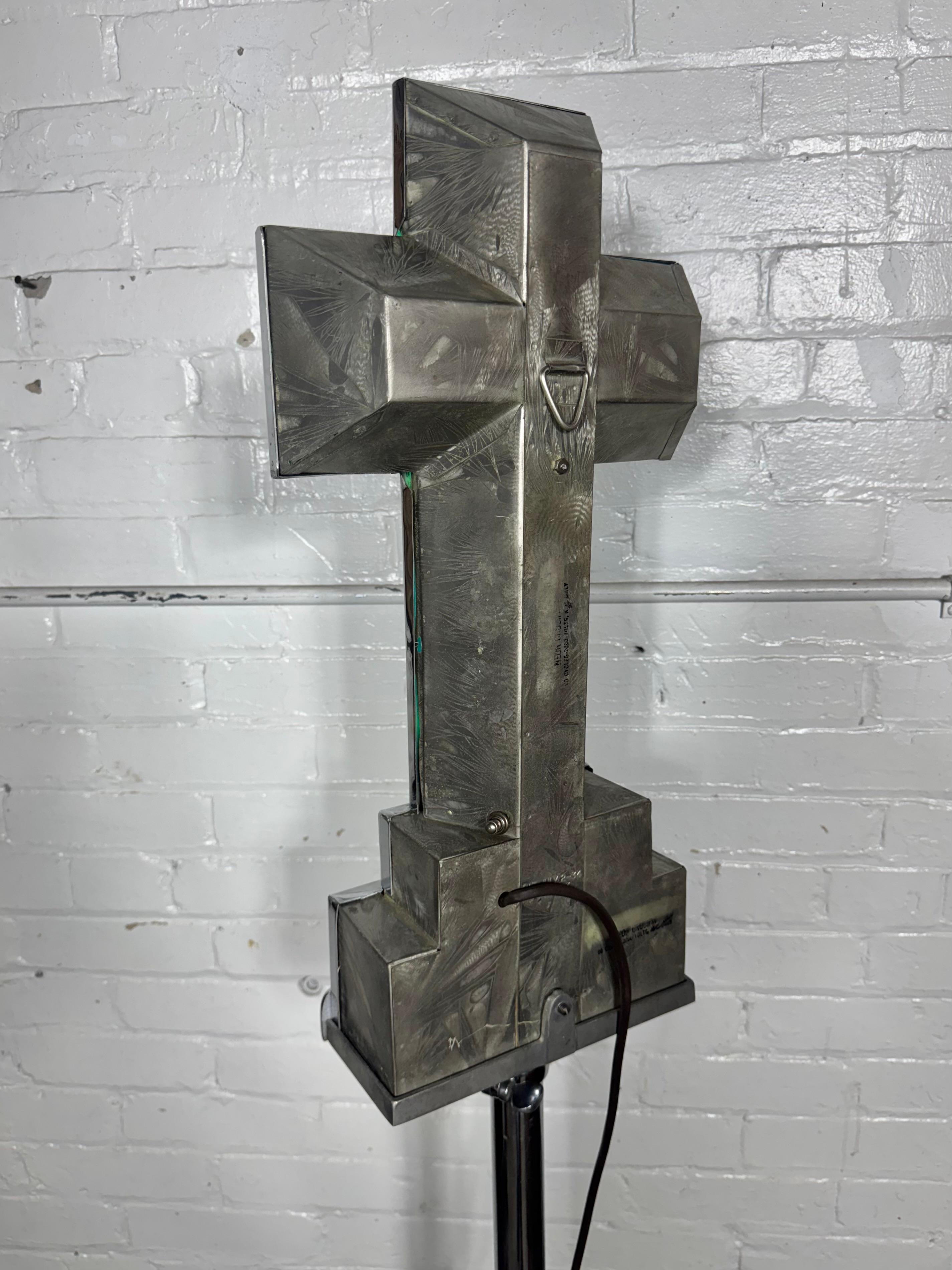 Blown Glass 1930s Art Deco Polished Chrome and Neon Crucifix. Floor, hanging, or table-top For Sale