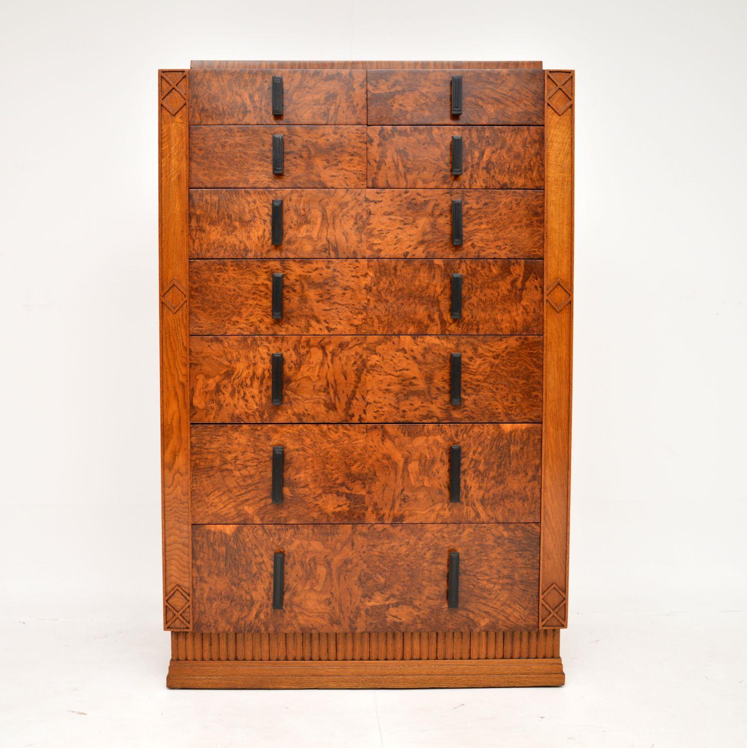 An absolutely stunning original Art Deco period tallboy chest of drawers in pollard oak. This was made in England, it dates from the 1930’s.

The quality is superb, and there is a makers mark inside one of the drawers, it is by Ambler & Lumb Ltd.