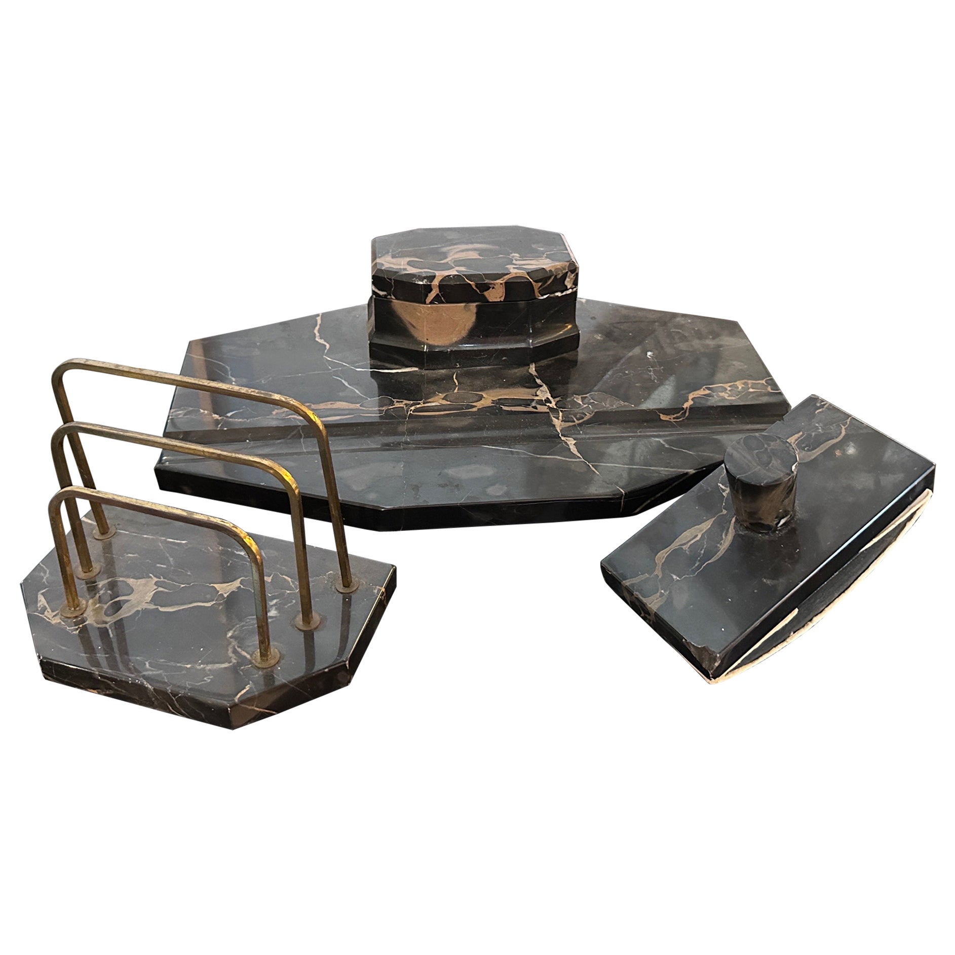Set da scrivania italiano in marmo e ottone Portoro Art Deco anni '30 in vendita