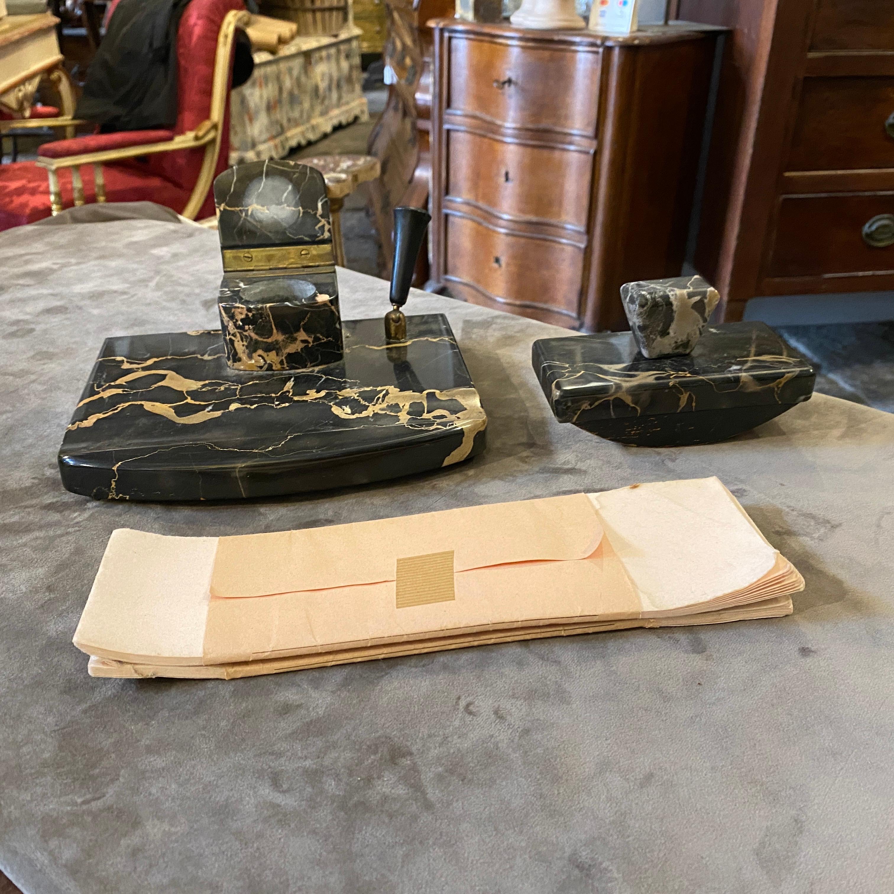 1930s Art Deco Portoro Marble Italian Desk Set For Sale 4