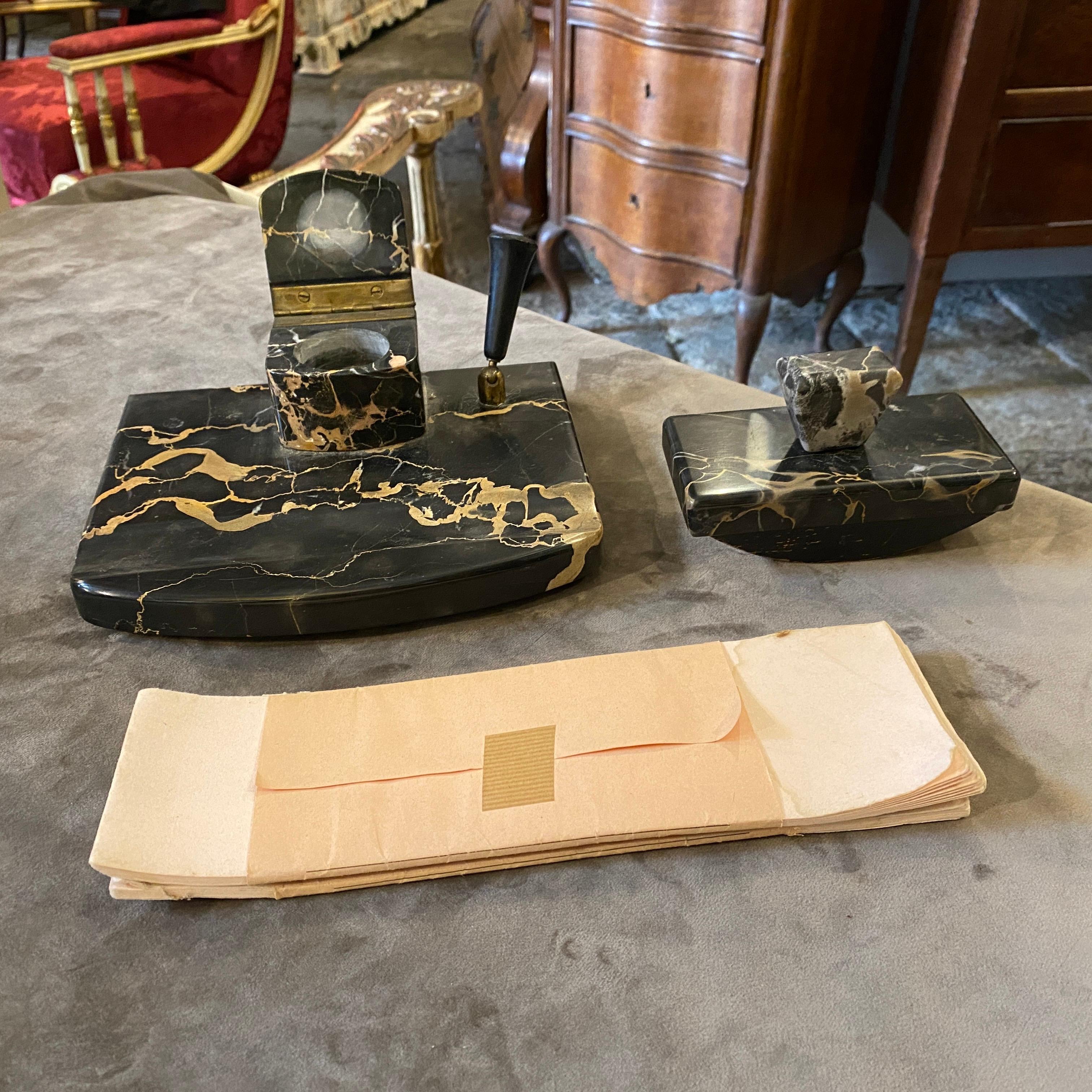 1930s Art Deco Portoro Marble Italian Desk Set For Sale 1