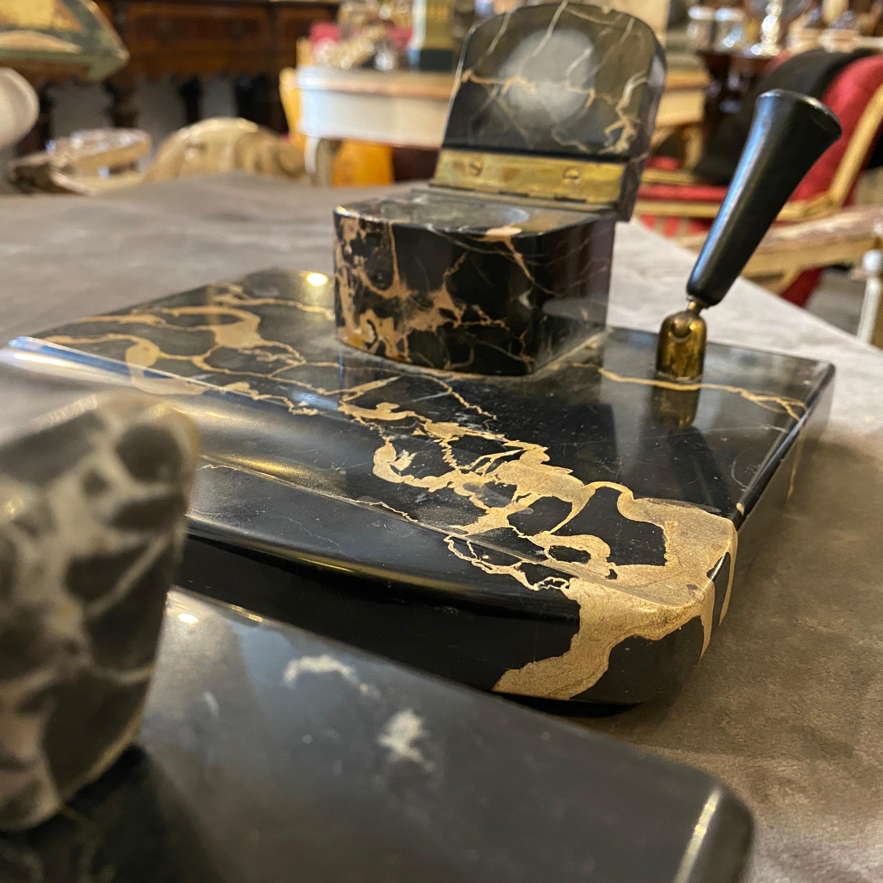 1930s Art Deco Portoro Marble Italian Inkwell and Signature Pad For Sale 2