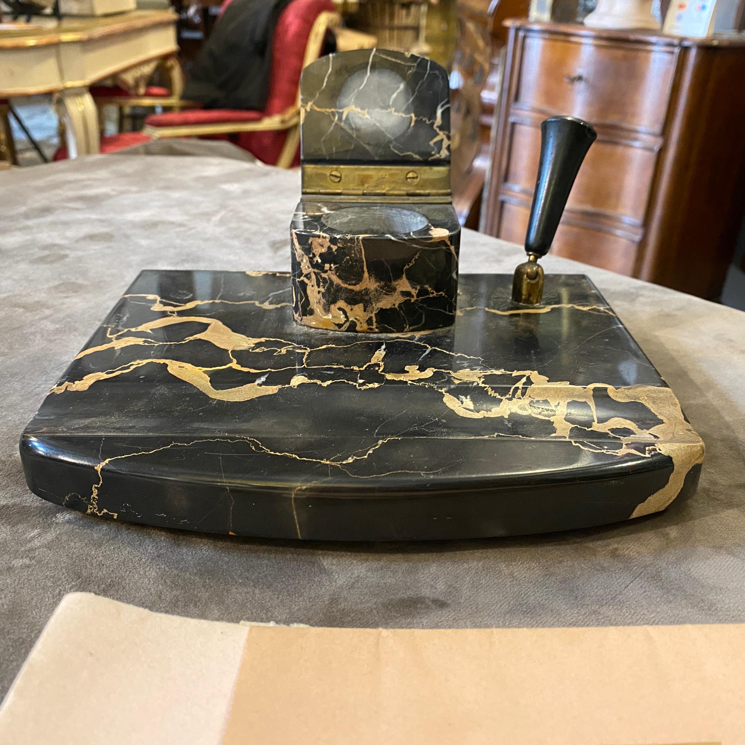 1930s Art Deco Portoro Marble Italian Inkwell and Signature Pad For Sale 3