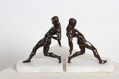1930s Art Deco R. Vramant Muscular Semi Nude Male Runner Bronze Tone Bookends