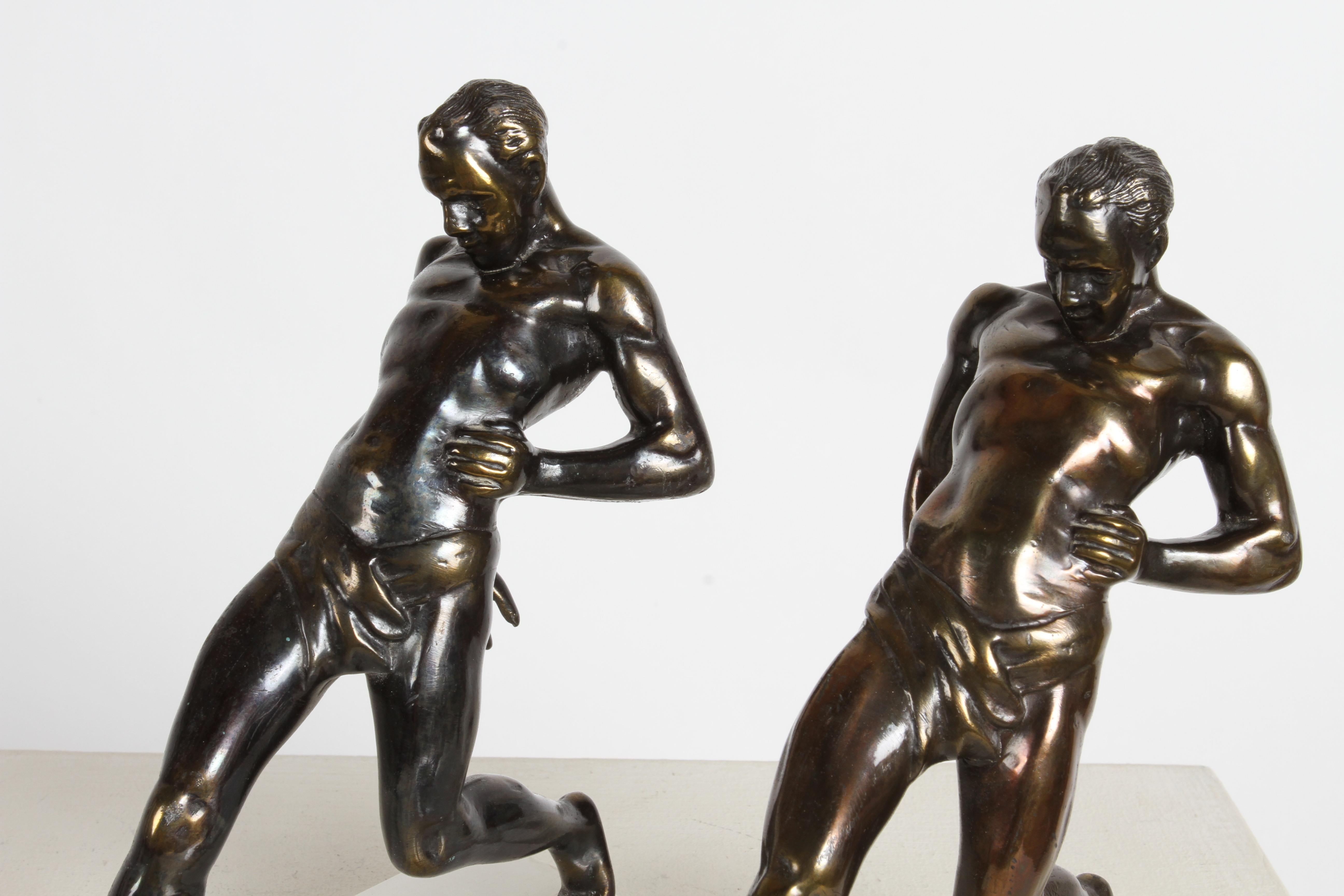 Spelter 1930s Art Deco R. Vramant Muscular Semi Nude Male Runner Bronze Tone Bookends For Sale