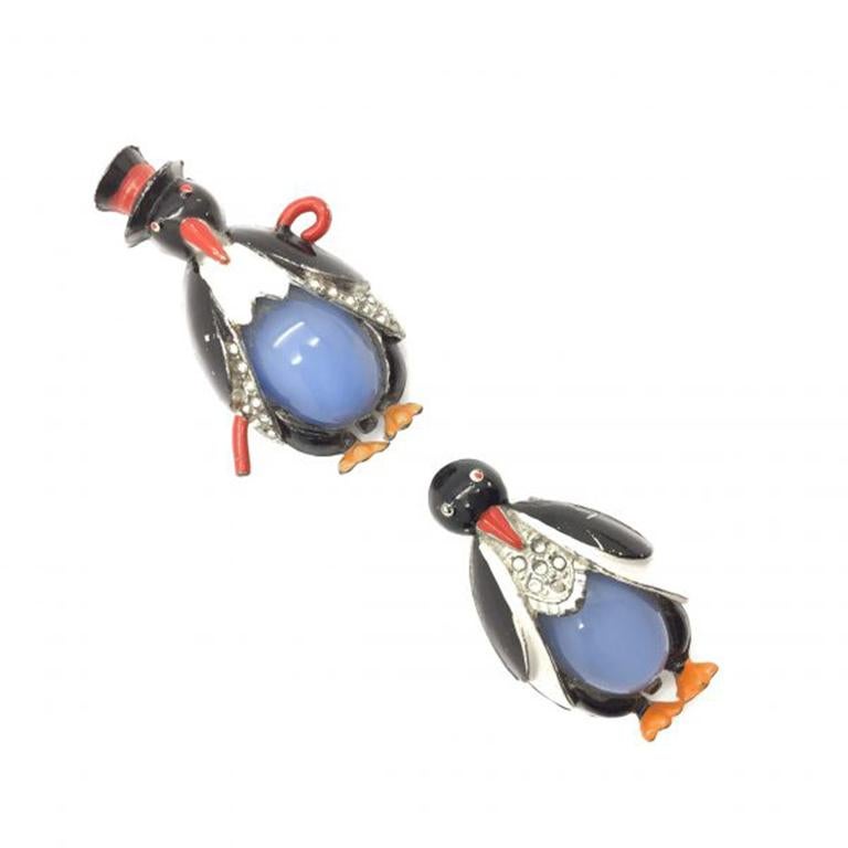 An exceptionally rare surviving pair of original 1930s Penguin Fur Clips. Made by the renowned Company 'Coro' in the mid 1930s, this pair of Penguin fur clips are known as Mr & Mrs Penguin. A celebrated book piece due to their endearing nature and