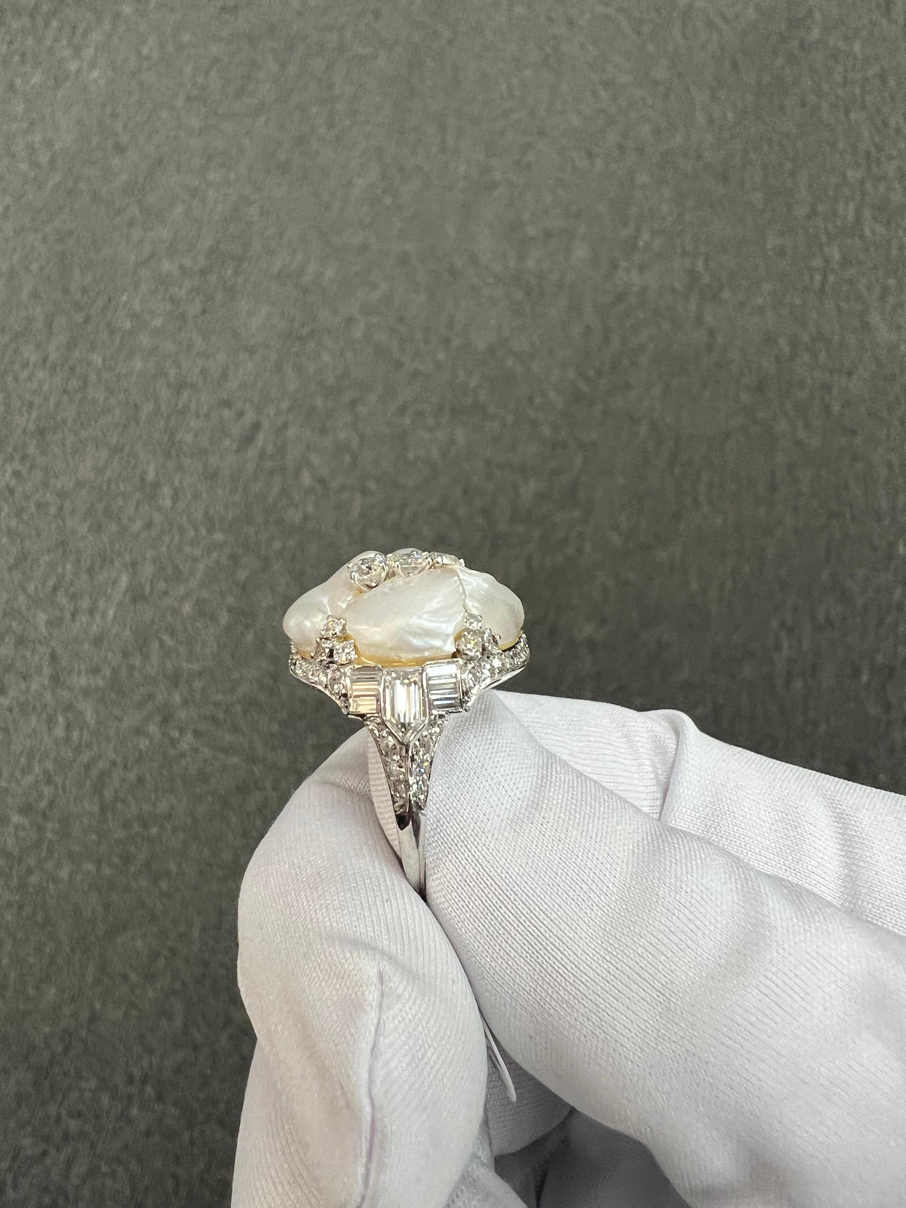 1930er Jahre Art Deco River Perle Diamant Platin Dinner Cocktail-Ring 5