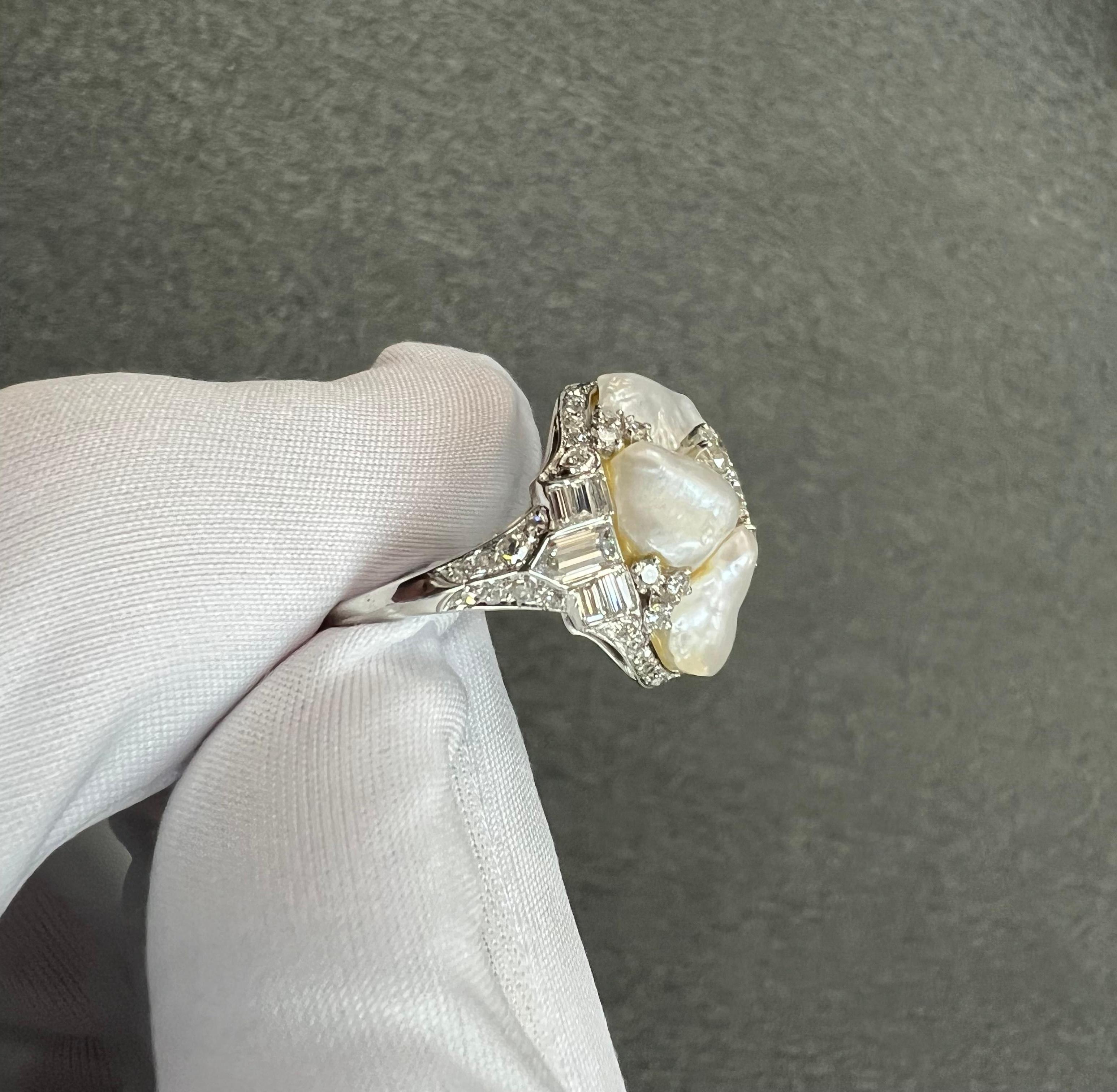 1930er Jahre Art Deco River Perle Diamant Platin Dinner Cocktail-Ring 8