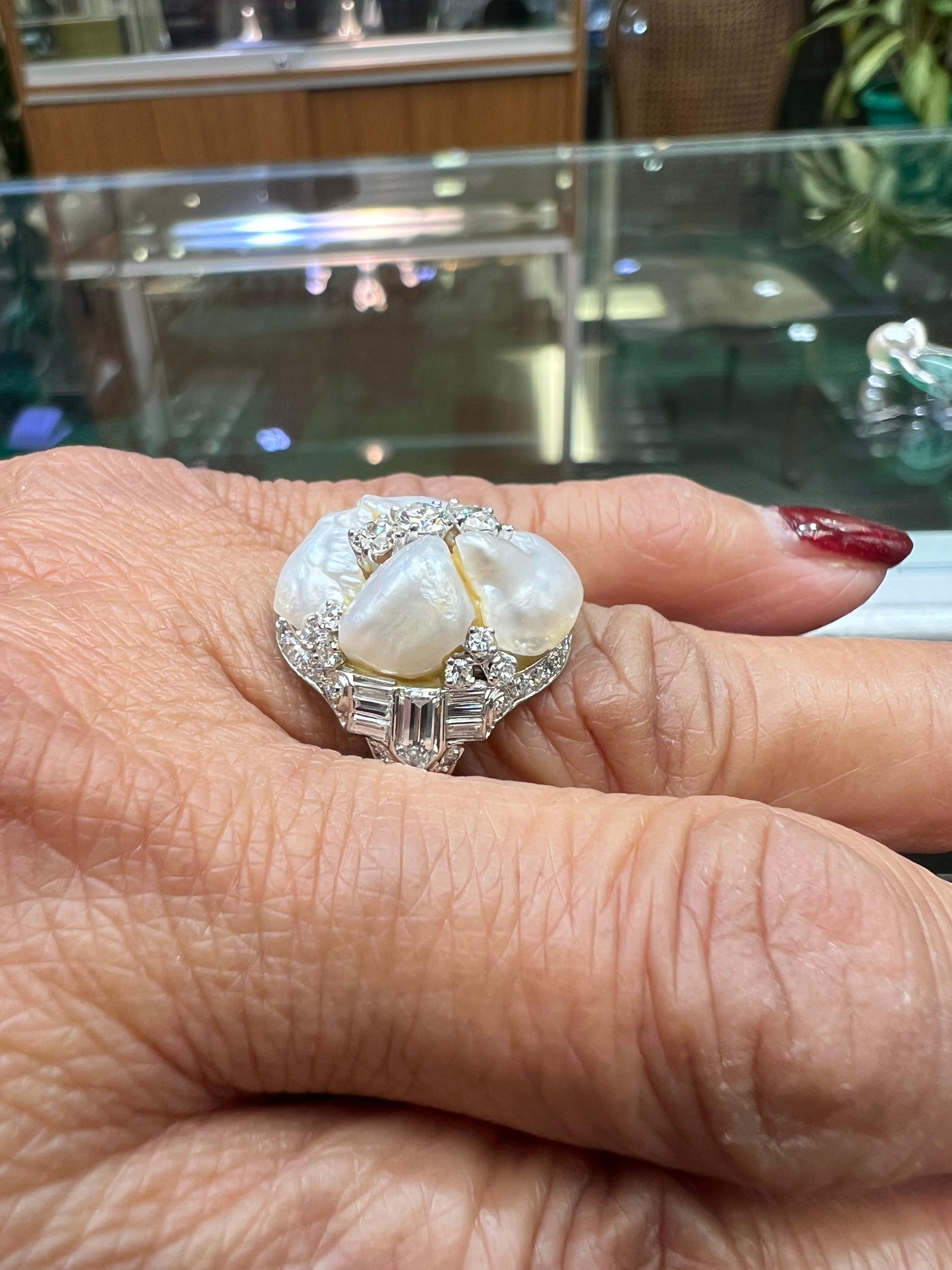 1930er Jahre Art Deco River Perle Diamant Platin Dinner Cocktail-Ring (Gemischter Schliff)