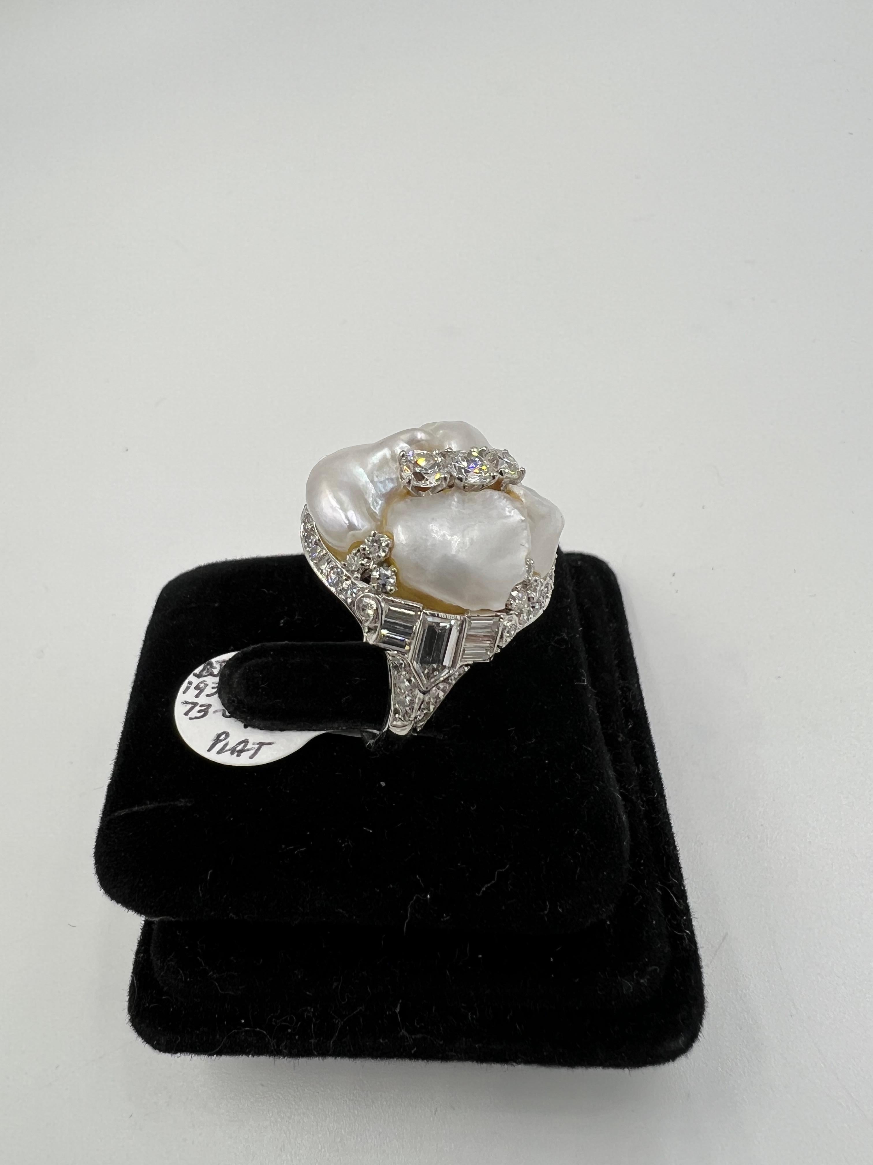 1930er Jahre Art Deco River Perle Diamant Platin Dinner Cocktail-Ring im Zustand „Gut“ in Los Angeles, CA