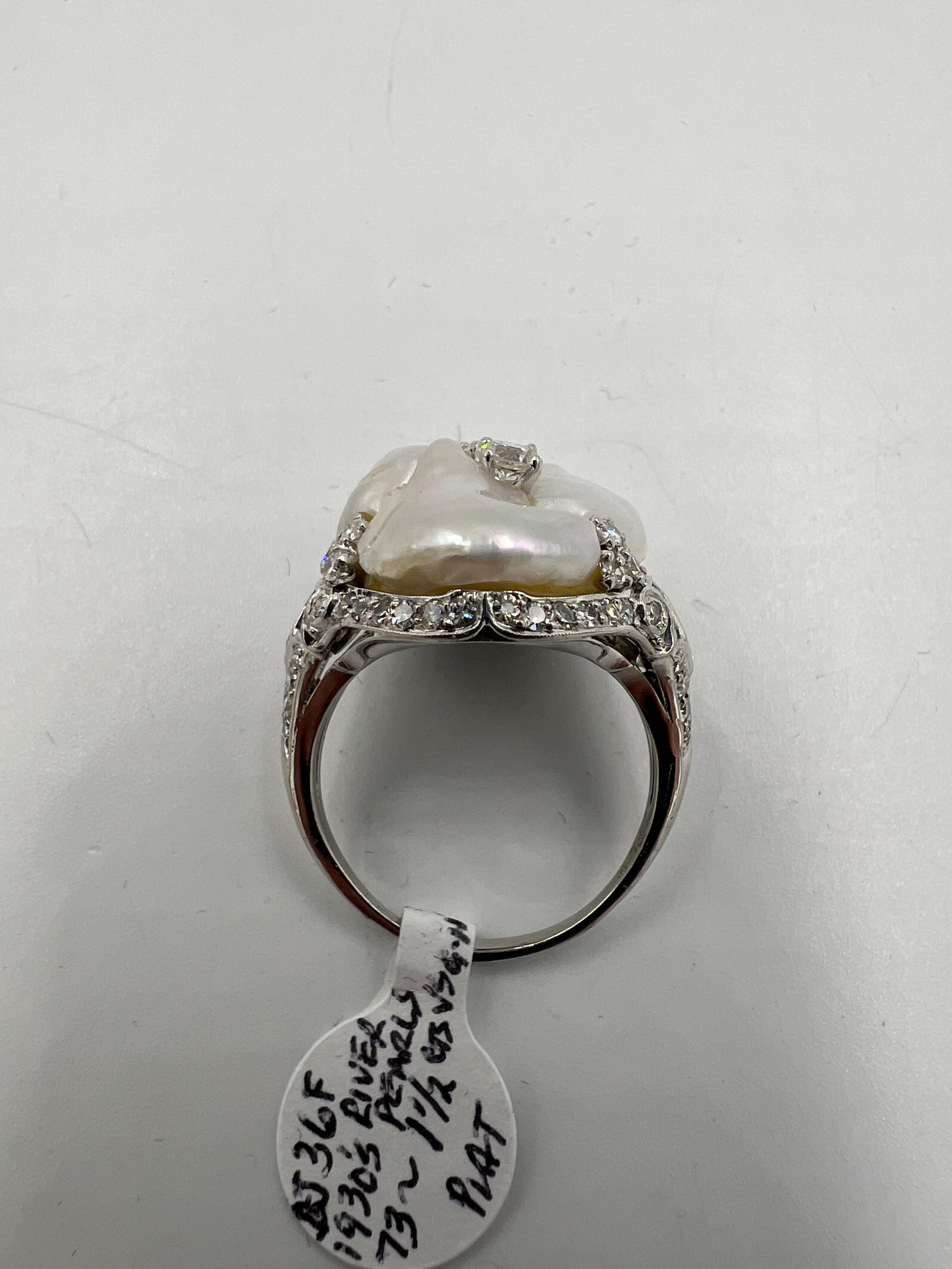 1930er Jahre Art Deco River Perle Diamant Platin Dinner Cocktail-Ring 2