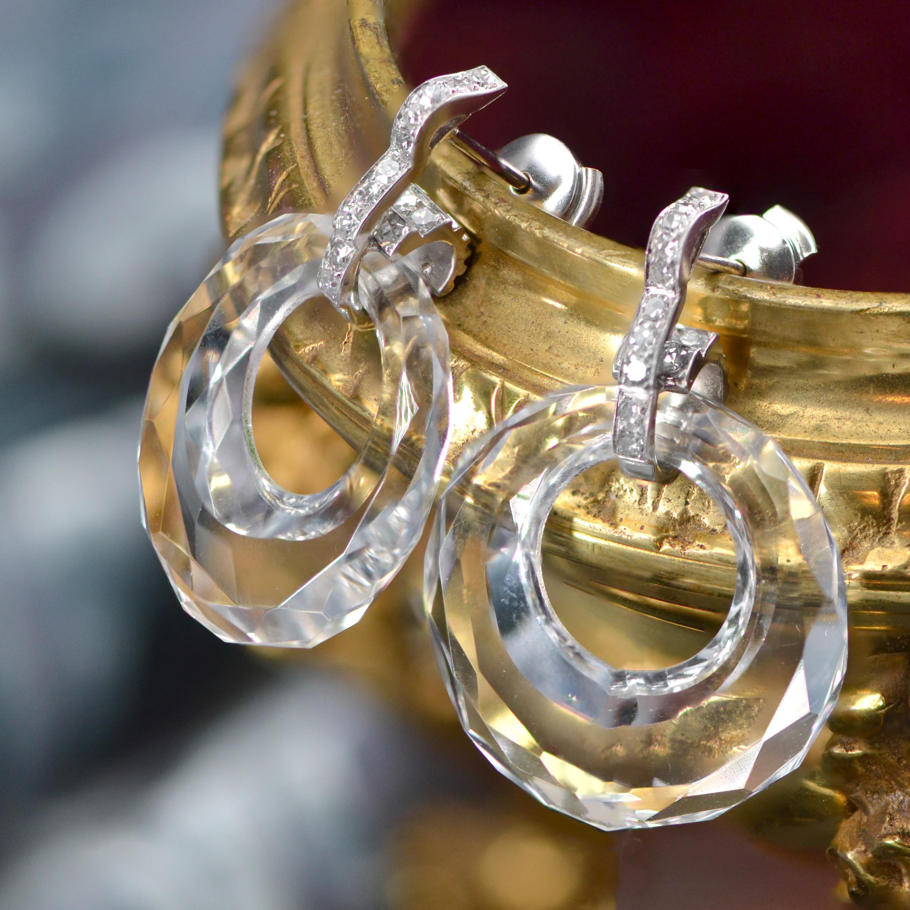 Brilliant Cut 1930s Art Deco Rock Crystal Diamonds 18 Karat White Gold Dangle Earrings For Sale