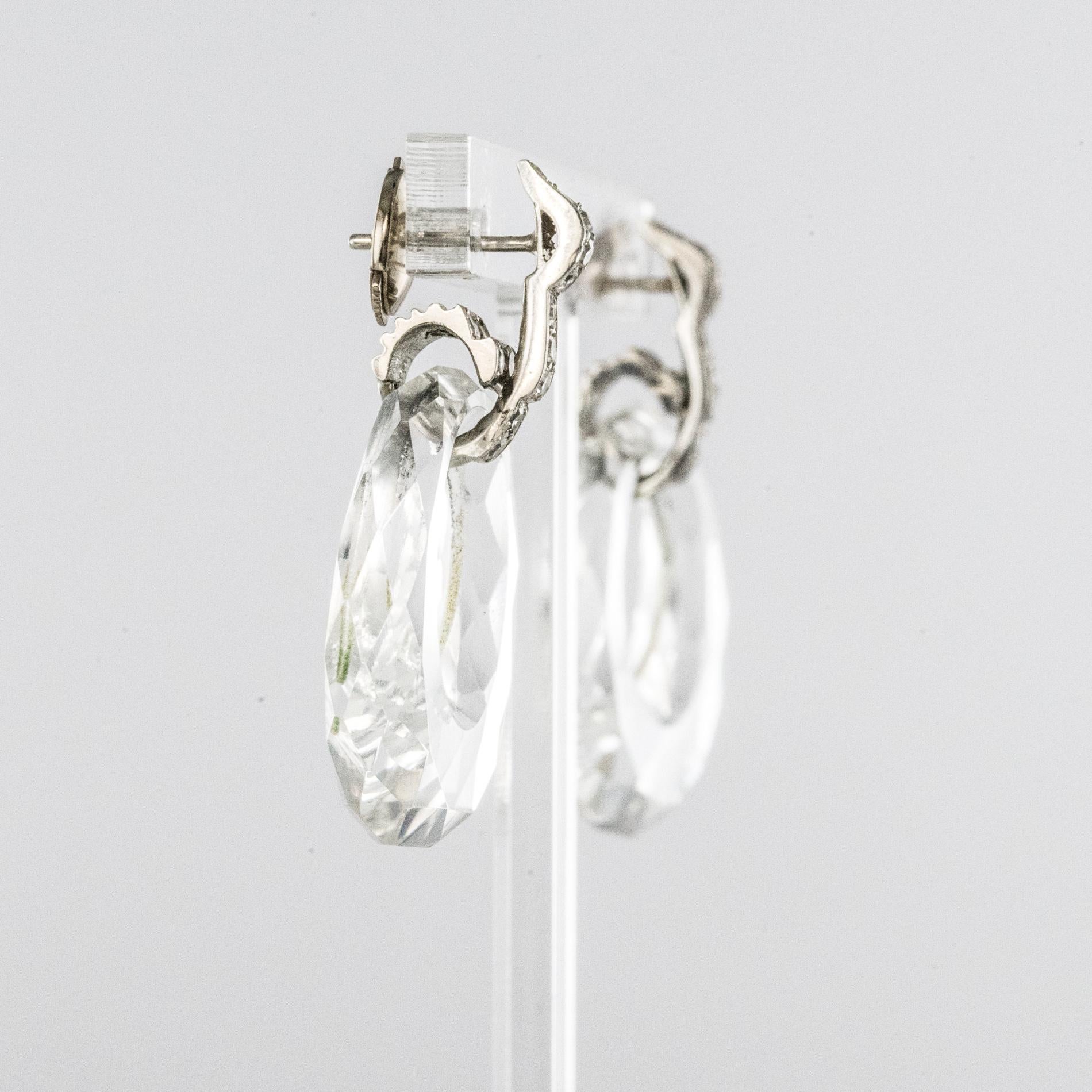 1930s Art Deco Rock Crystal Diamonds 18 Karat White Gold Dangle Earrings For Sale 3