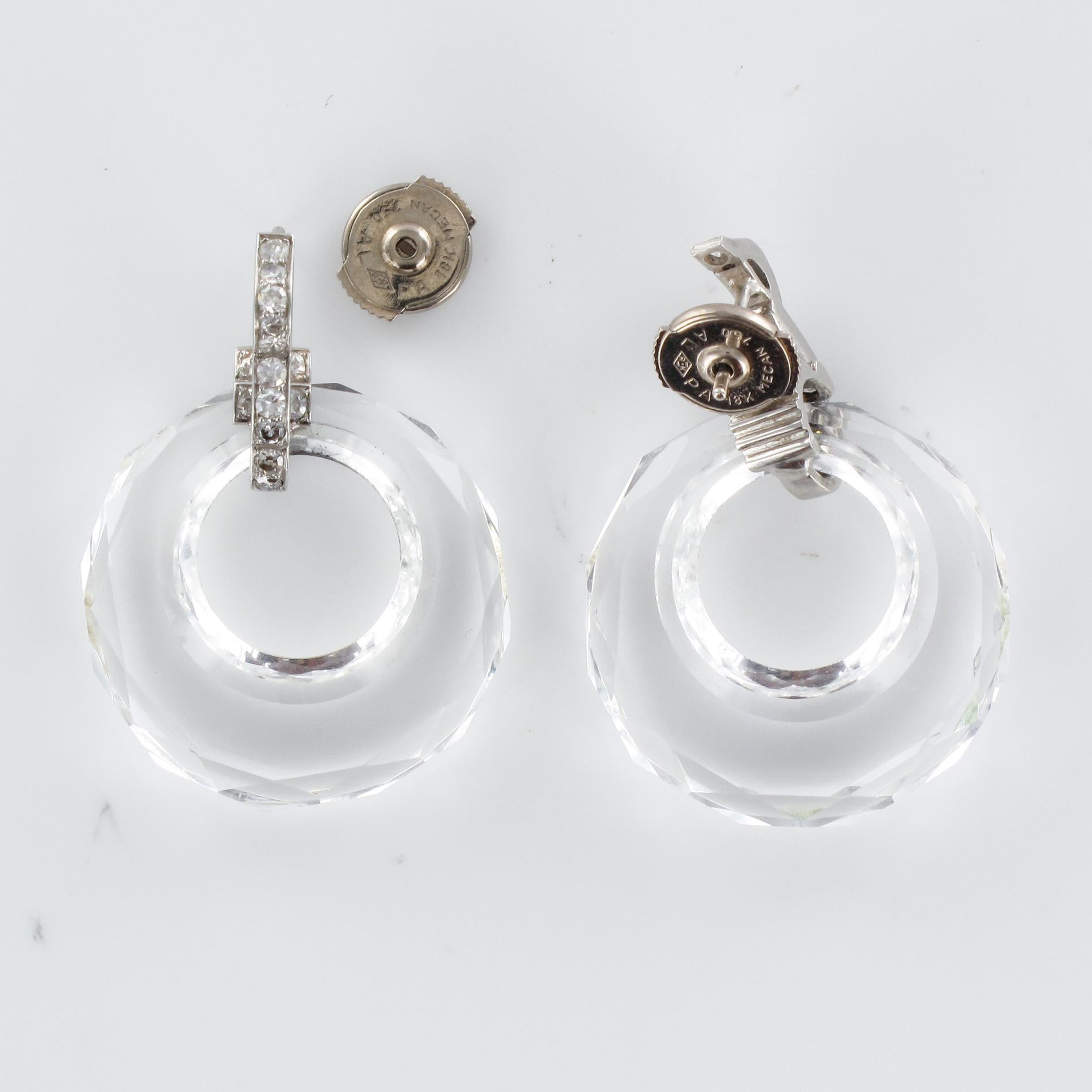 1930s Art Deco Rock Crystal Diamonds 18 Karat White Gold Dangle Earrings 2