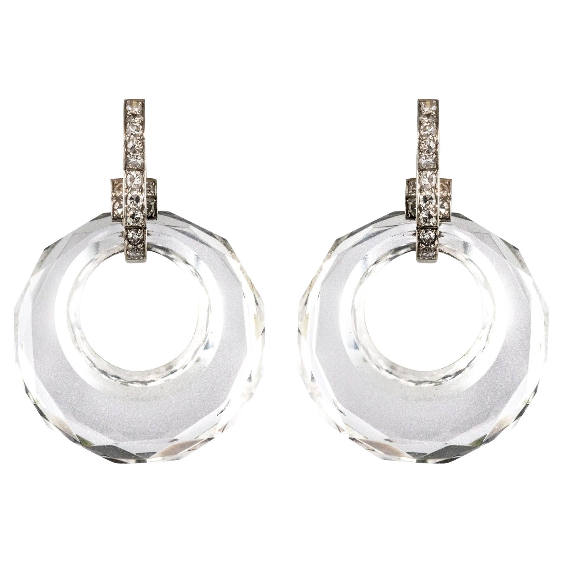 1930s Art Deco Rock Crystal Diamonds 18 Karat White Gold Dangle Earrings
