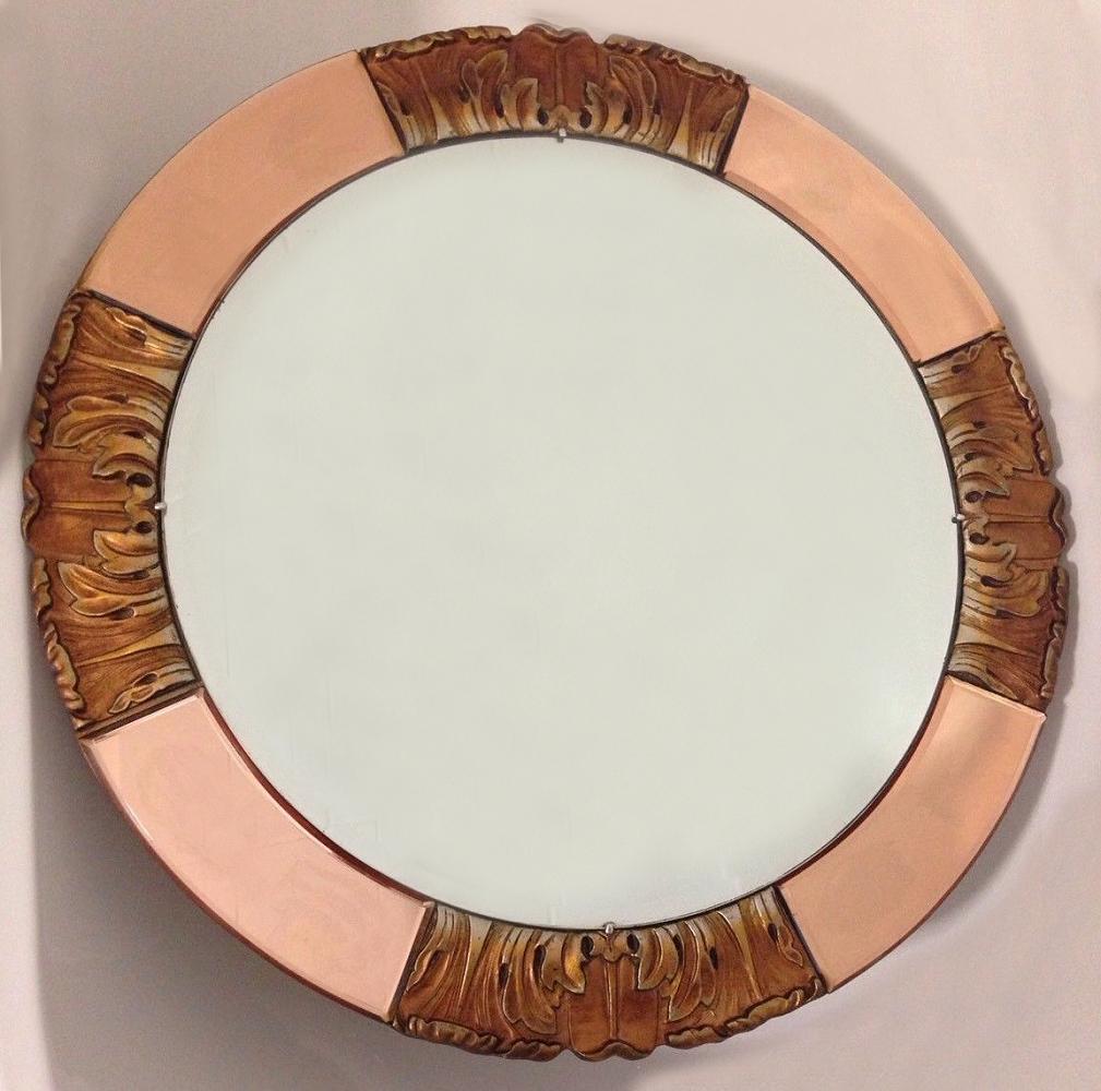 English 1930s Art Deco Round Rose Tinted Bevelled Edge Mirror