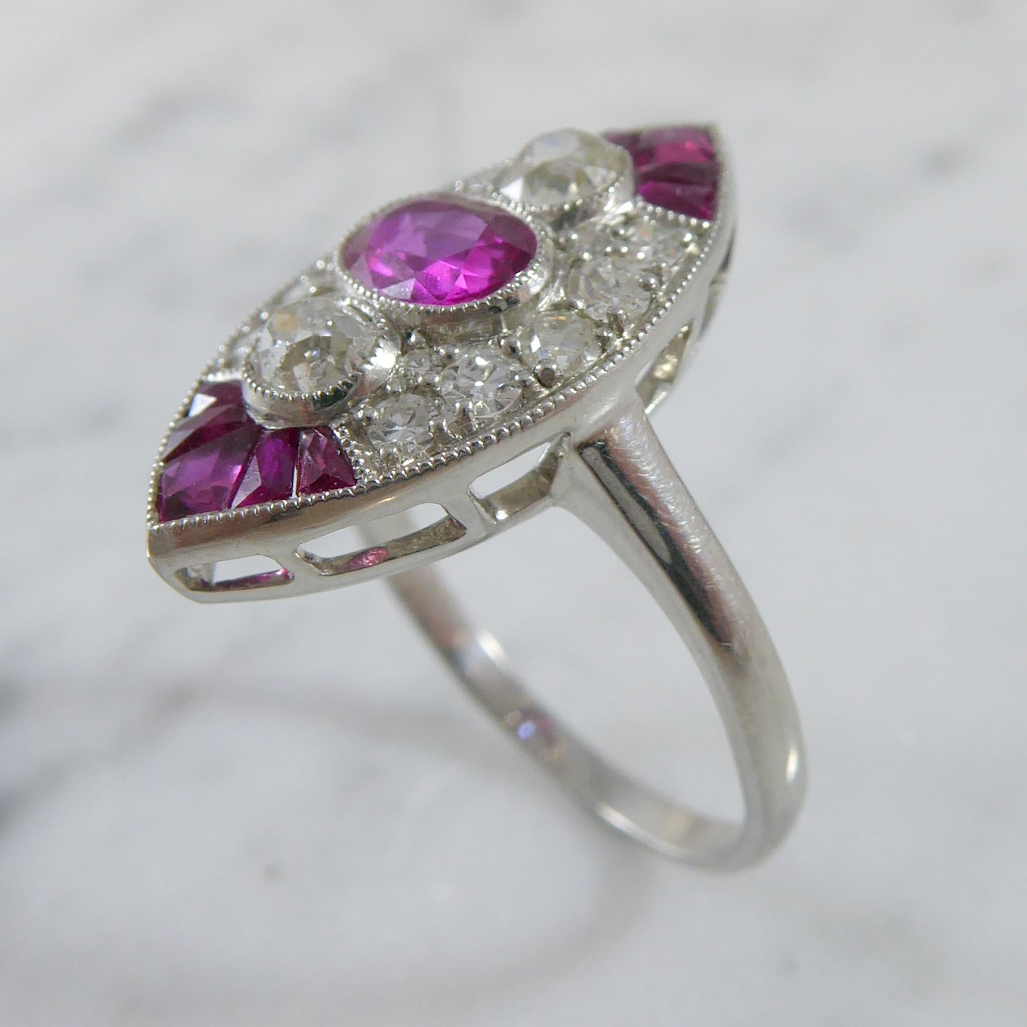 1930s Art Deco Ruby and Diamond Ring, Old European Cut, Marquise Shaped Setting 6