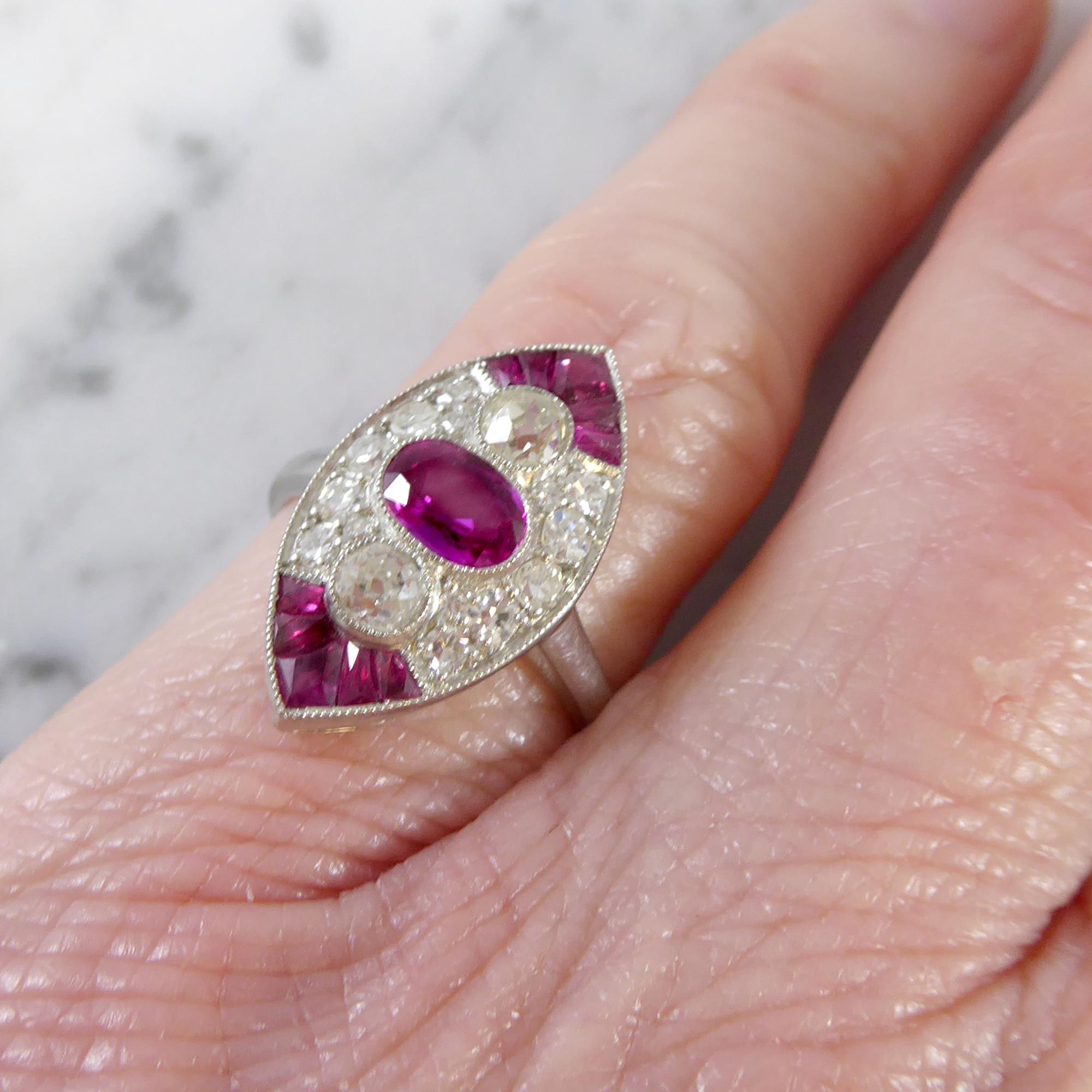 1930s Art Deco Ruby and Diamond Ring, Old European Cut, Marquise Shaped Setting 7