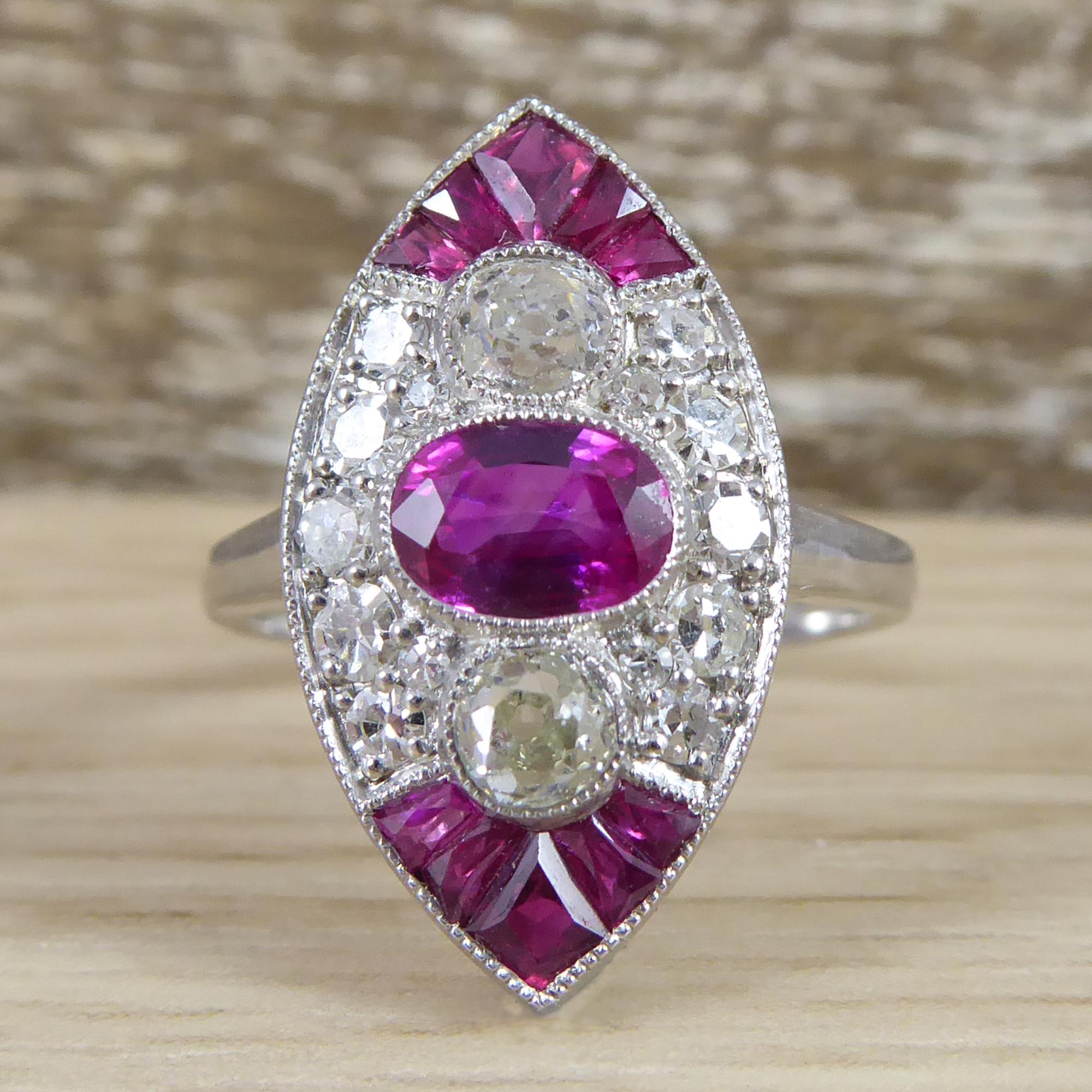 1930s Art Deco Ruby and Diamond Ring, Old European Cut, Marquise Shaped Setting In Good Condition In Yorkshire, West Yorkshire