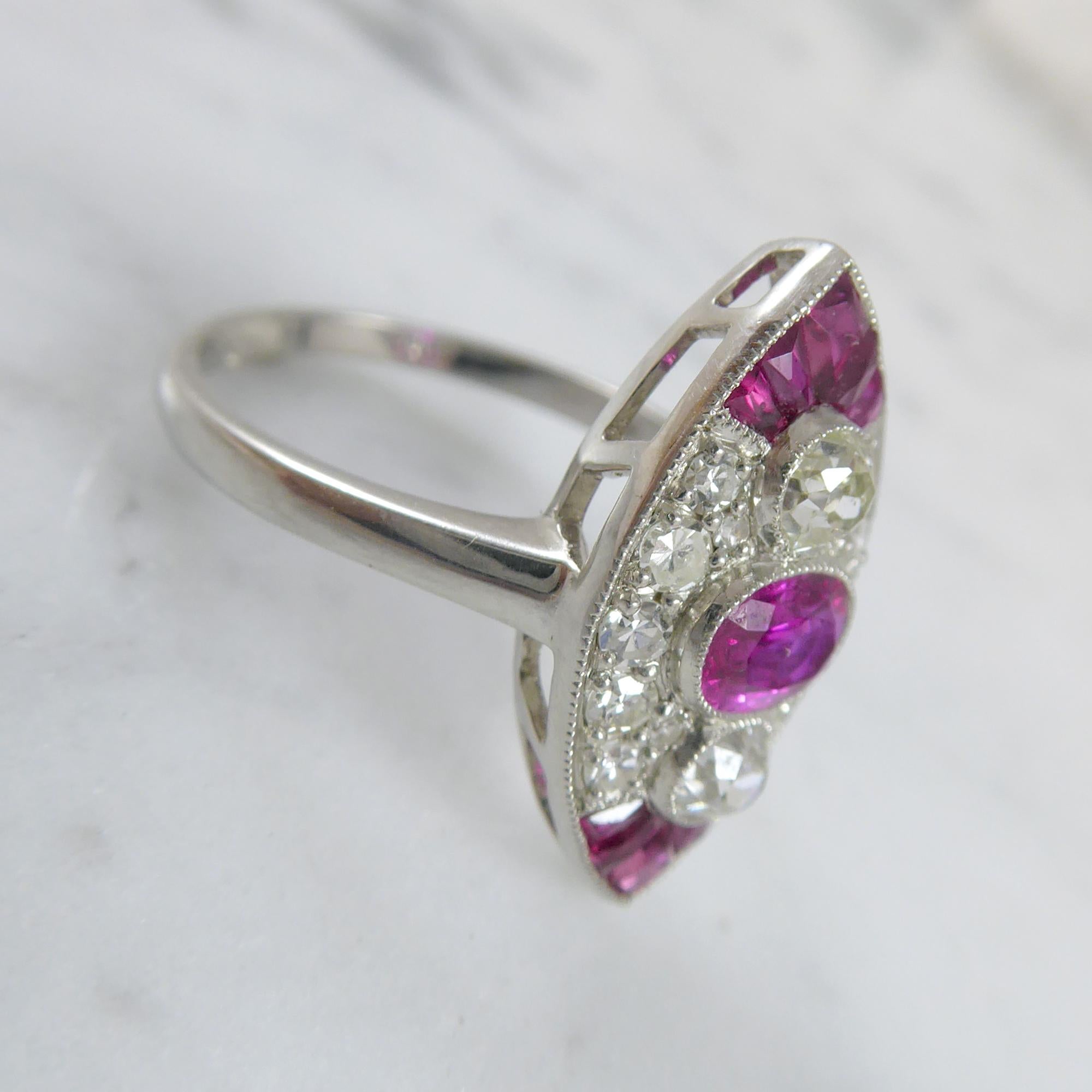 1930s Art Deco Ruby and Diamond Ring, Old European Cut, Marquise Shaped Setting 1