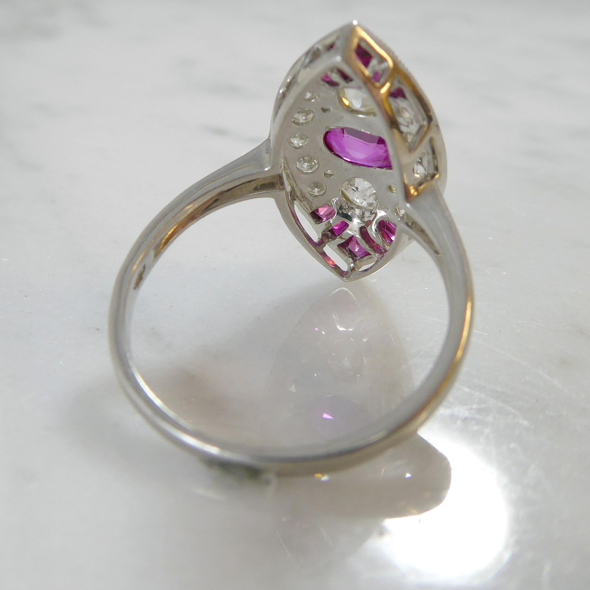 1930s Art Deco Ruby and Diamond Ring, Old European Cut, Marquise Shaped Setting 2