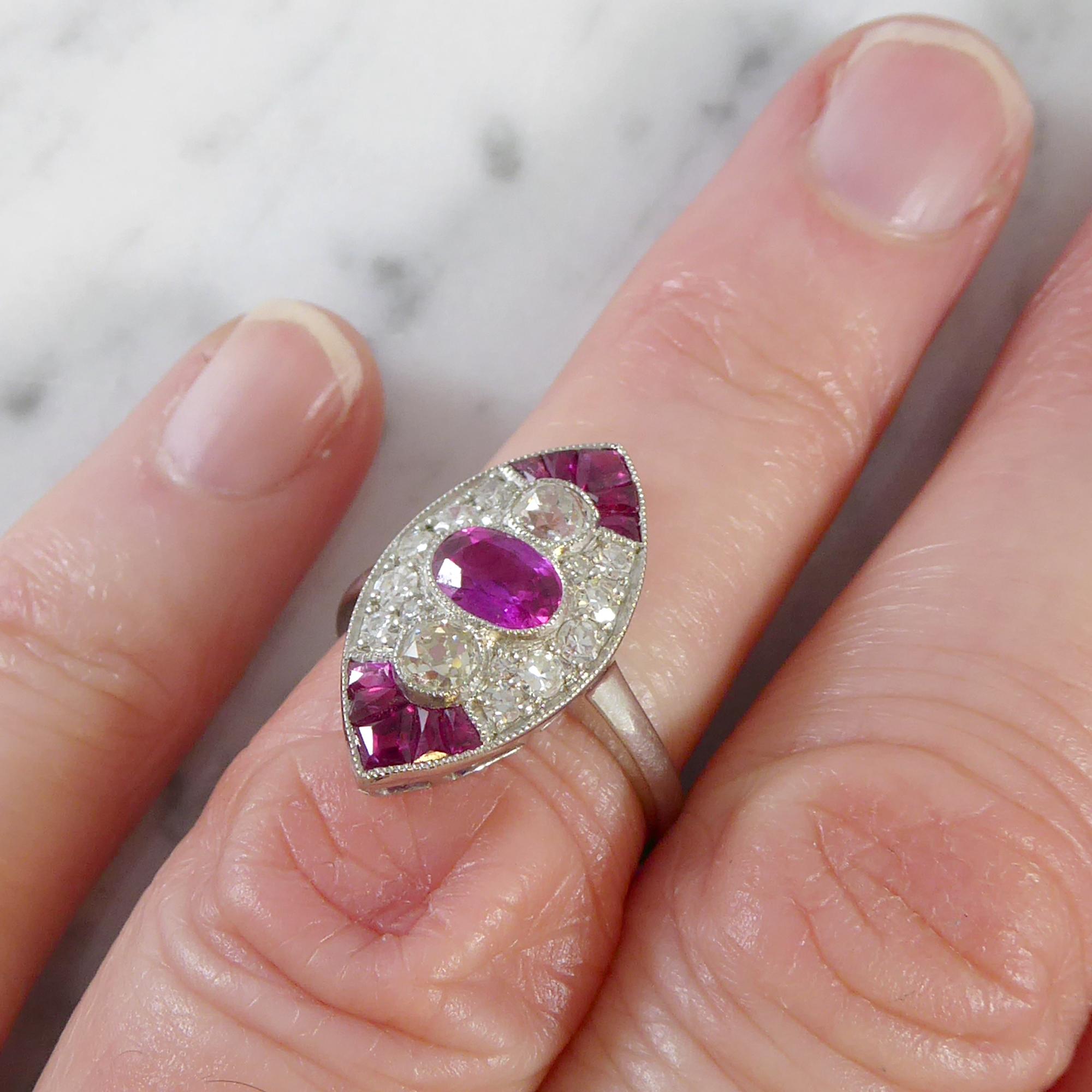1930s Art Deco Ruby and Diamond Ring, Old European Cut, Marquise Shaped Setting 3