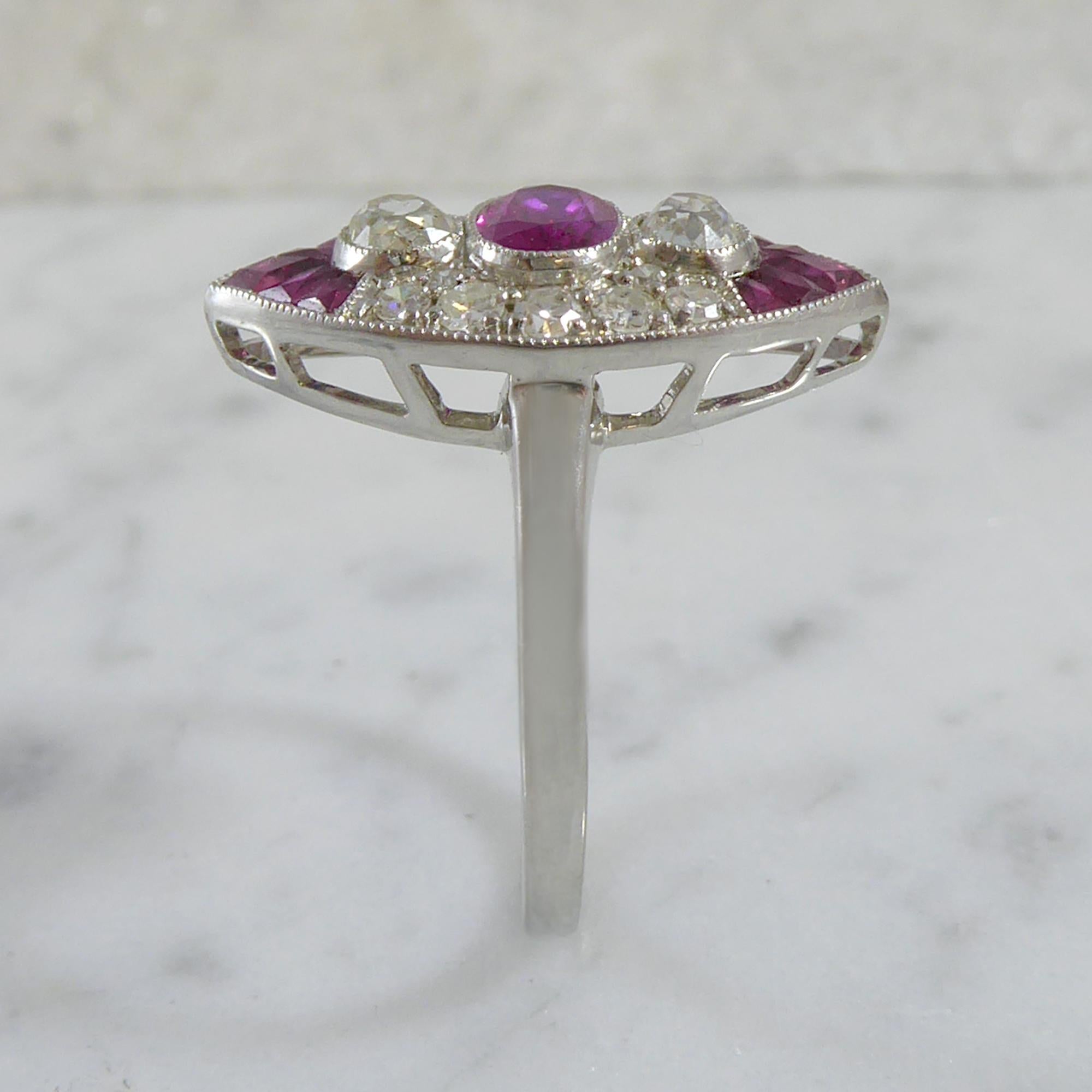 1930s Art Deco Ruby and Diamond Ring, Old European Cut, Marquise Shaped Setting 4