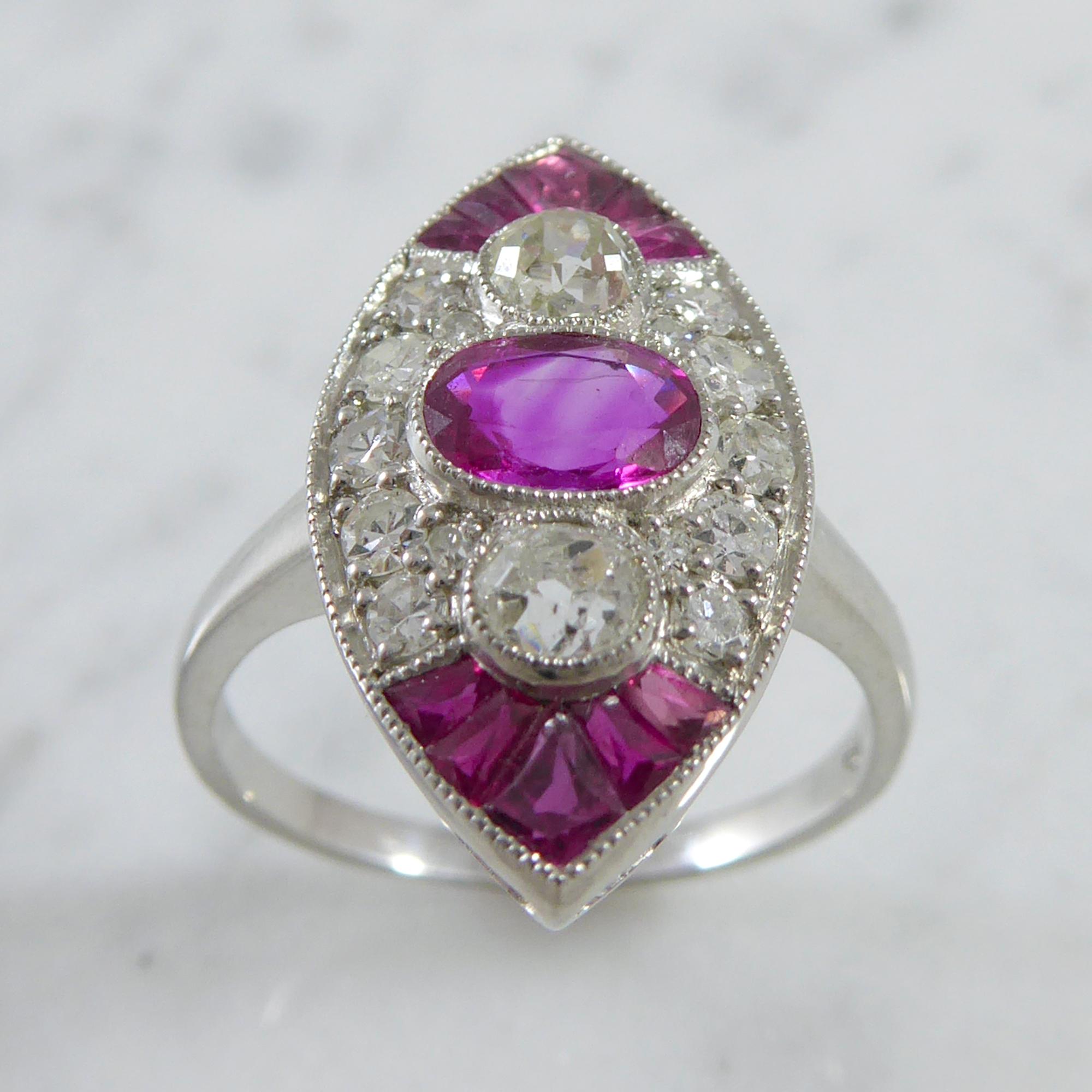 1930s Art Deco Ruby and Diamond Ring, Old European Cut, Marquise Shaped Setting 5
