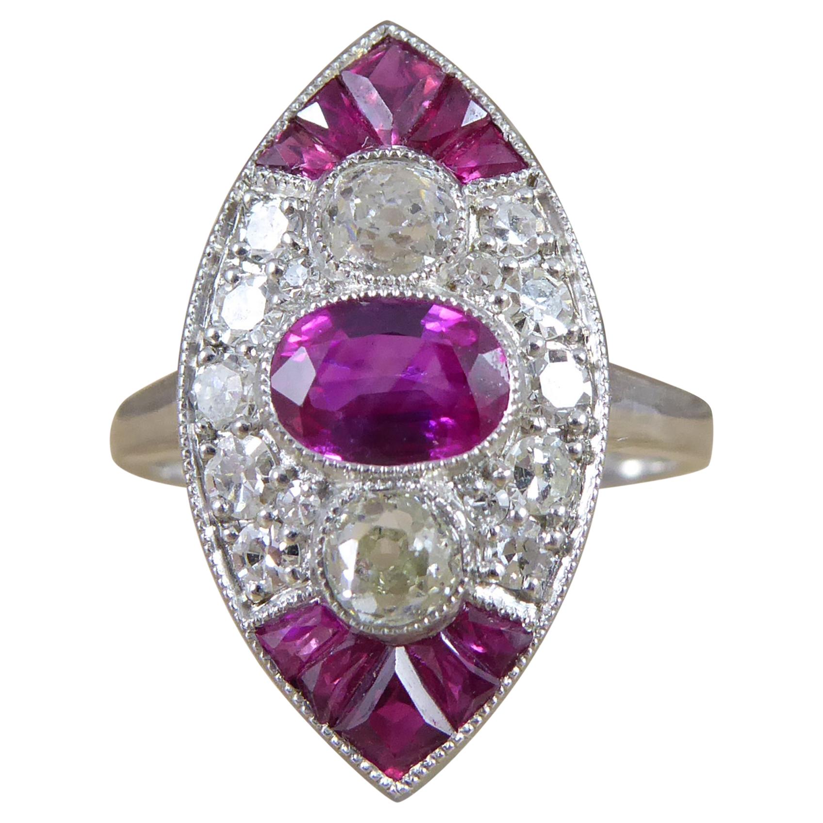 1930s Art Deco Ruby and Diamond Ring, Old European Cut, Marquise Shaped Setting