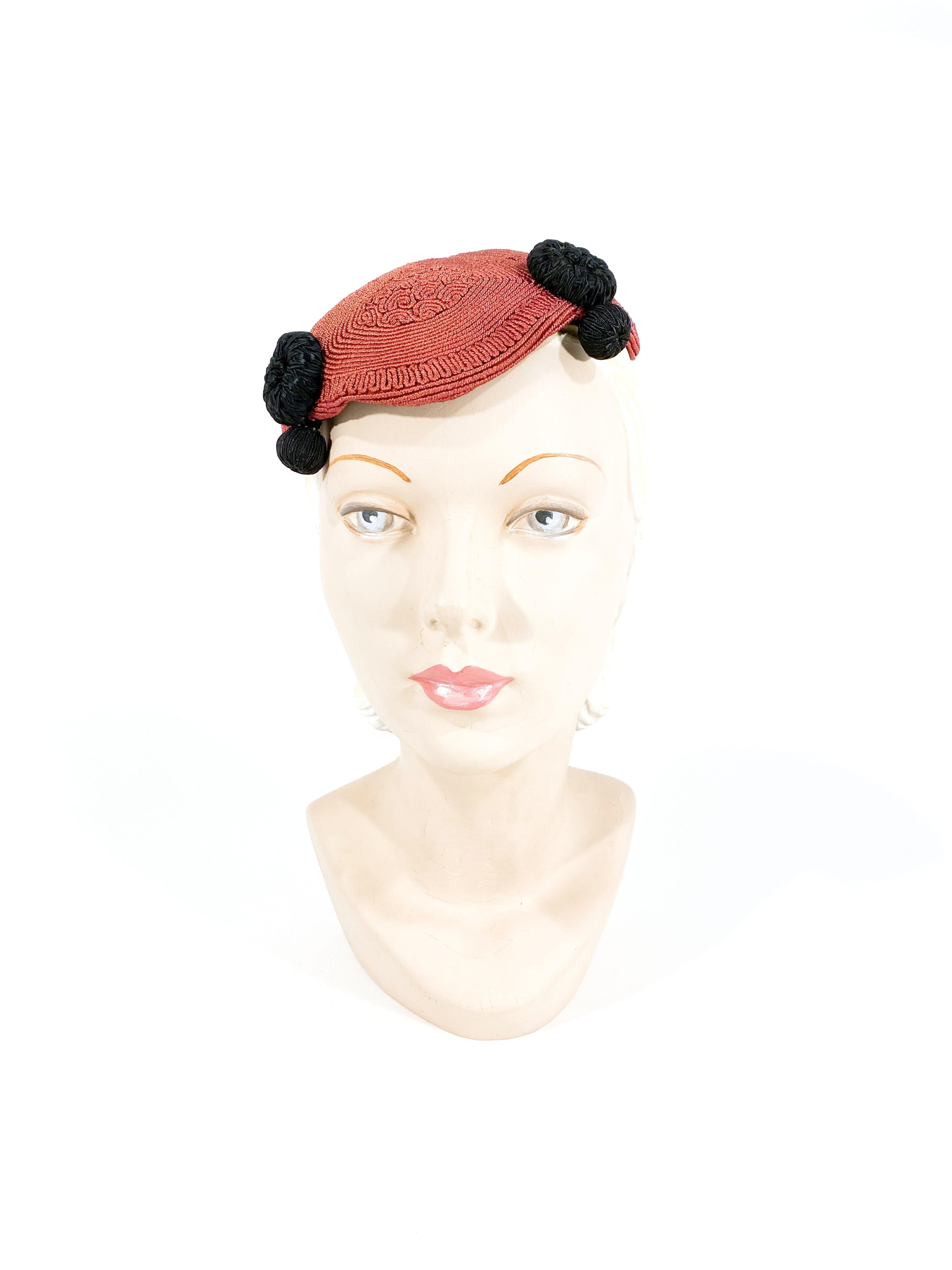 1930s Art Deco rust-colored intricate soutache skull cap with black buttons and tassels