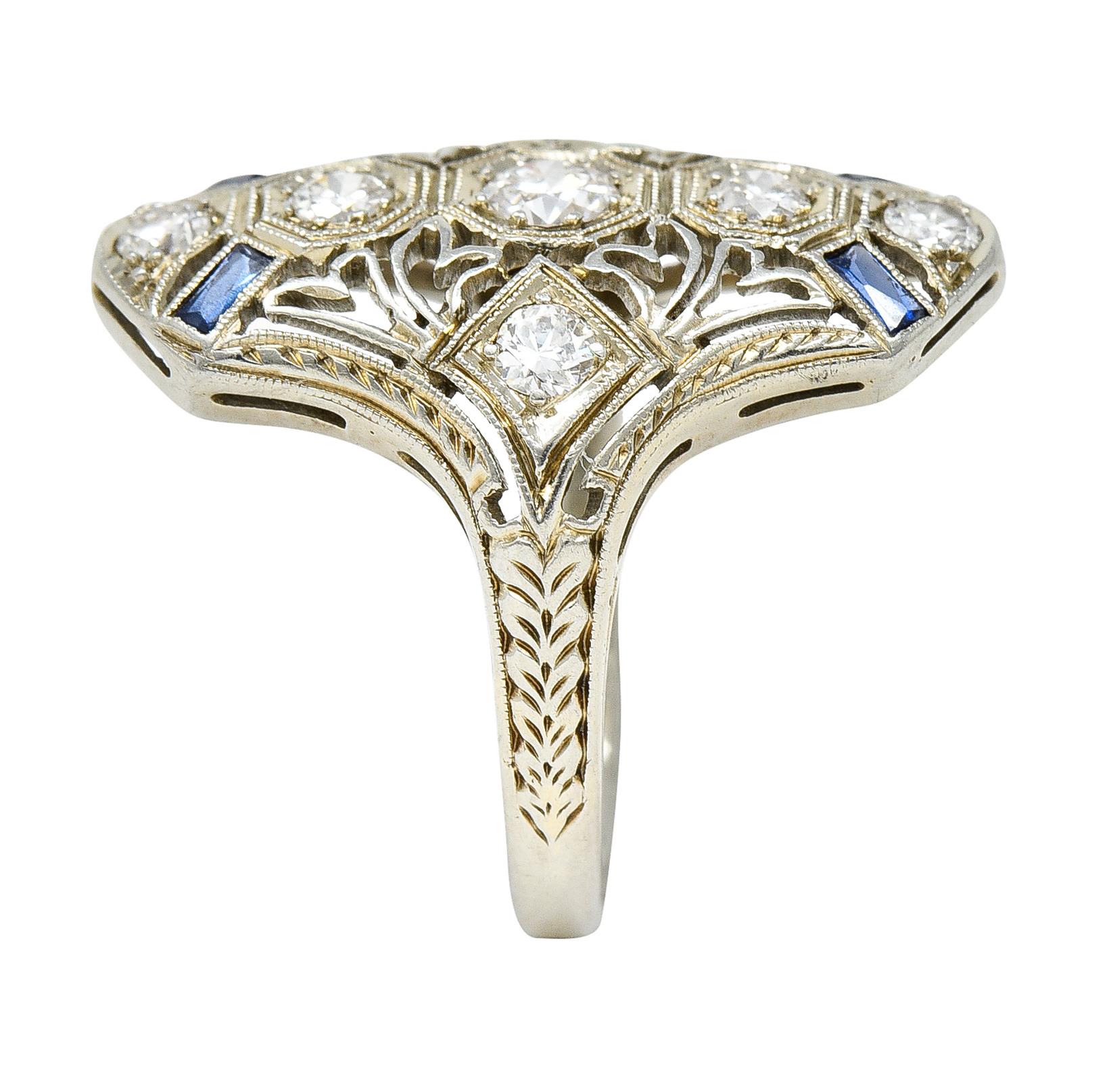 1930's Art Deco Sapphire Diamond 18 Karat White Gold Dinner Ring 4