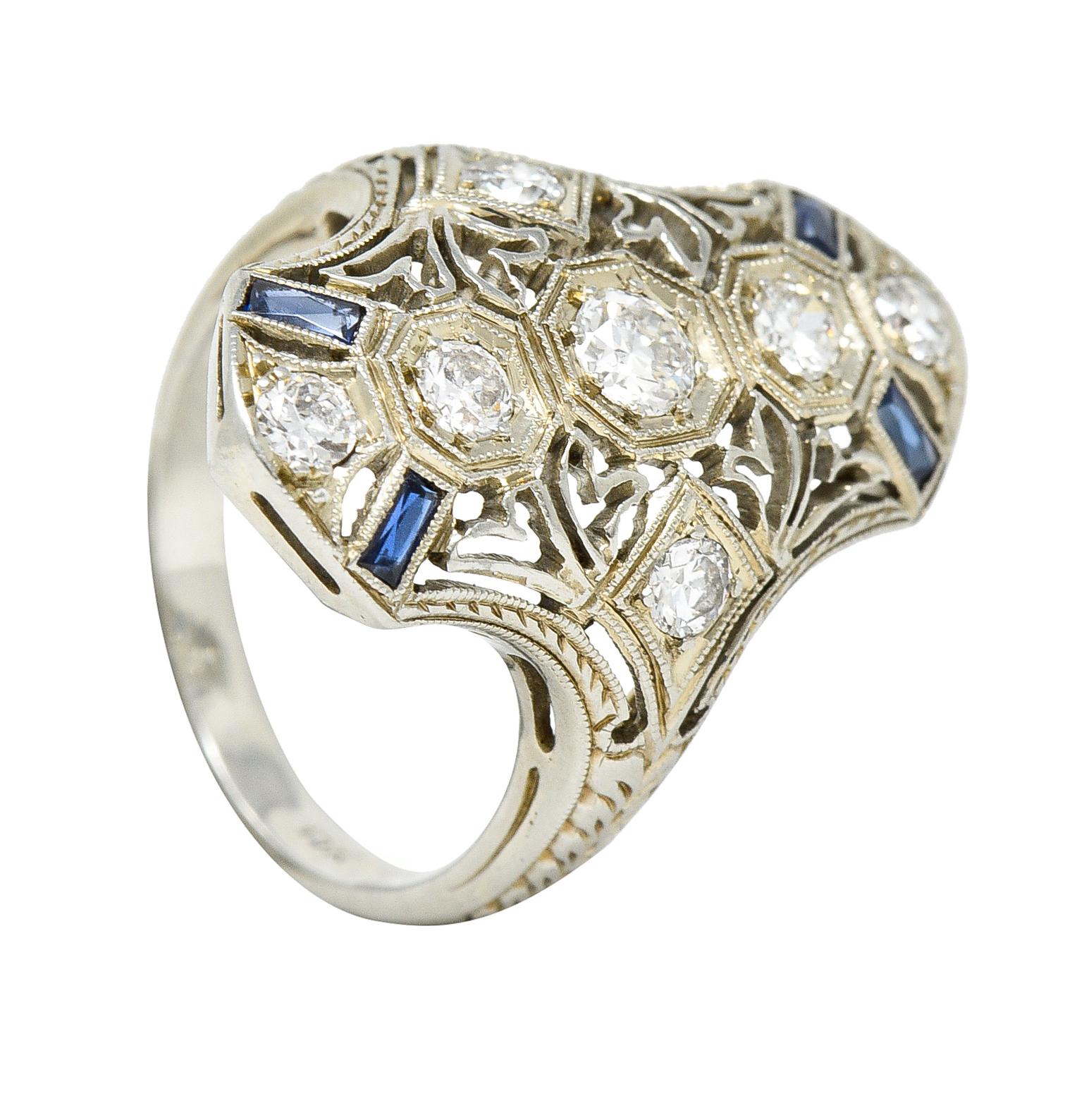 1930's Art Deco Sapphire Diamond 18 Karat White Gold Dinner Ring 5