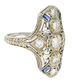 1930's Art Deco Sapphire Diamond 18 Karat White Gold Dinner Ring