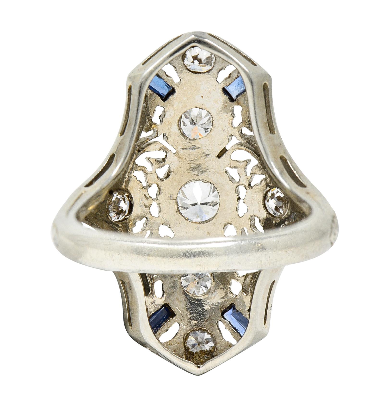 Old European Cut 1930's Art Deco Sapphire Diamond 18 Karat White Gold Dinner Ring
