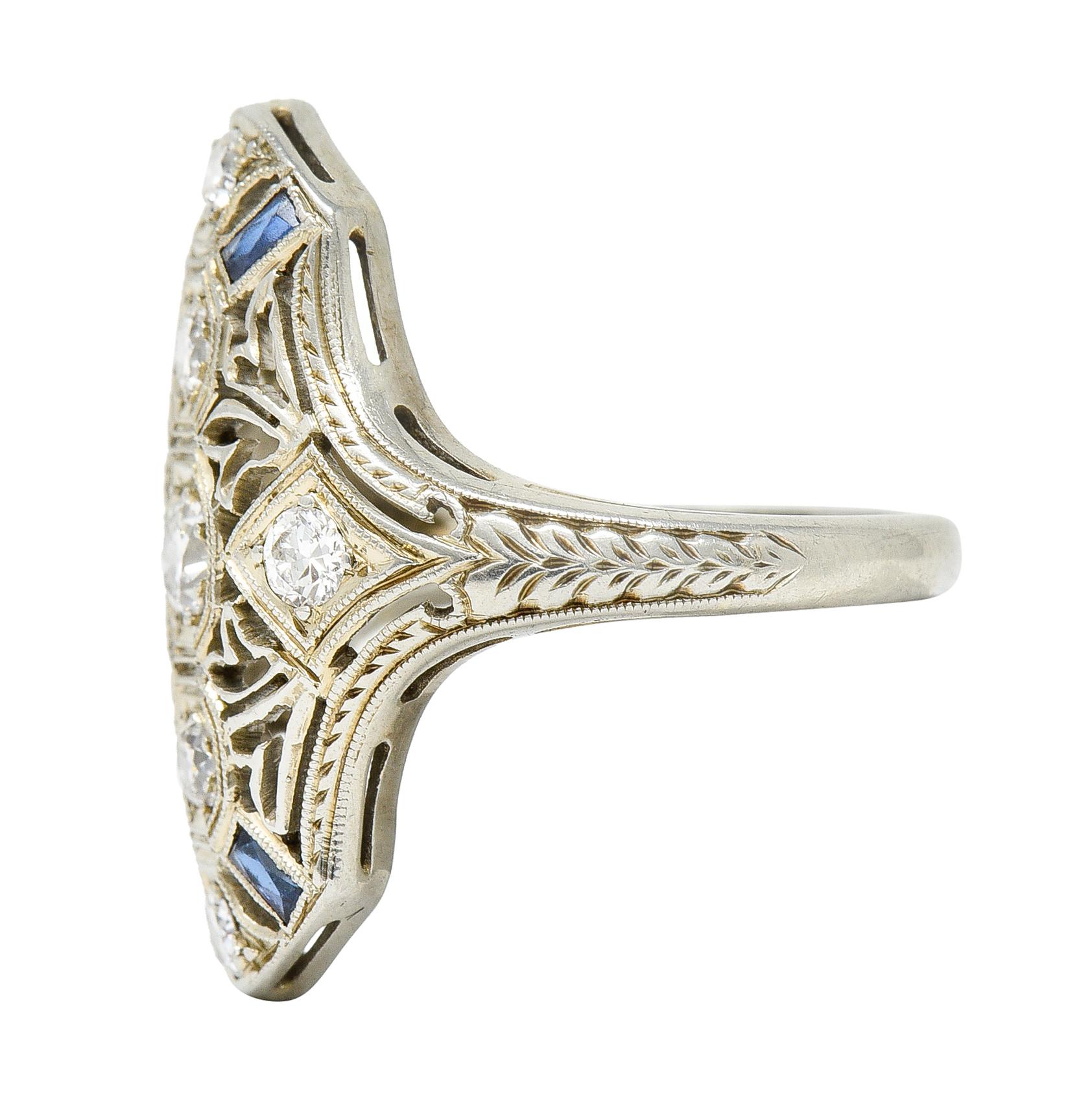 1930's Art Deco Sapphire Diamond 18 Karat White Gold Dinner Ring In Excellent Condition In Philadelphia, PA