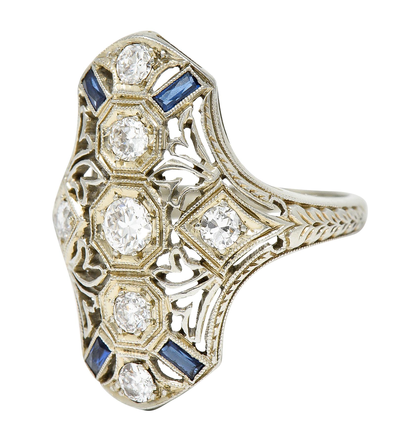 Women's or Men's 1930's Art Deco Sapphire Diamond 18 Karat White Gold Dinner Ring