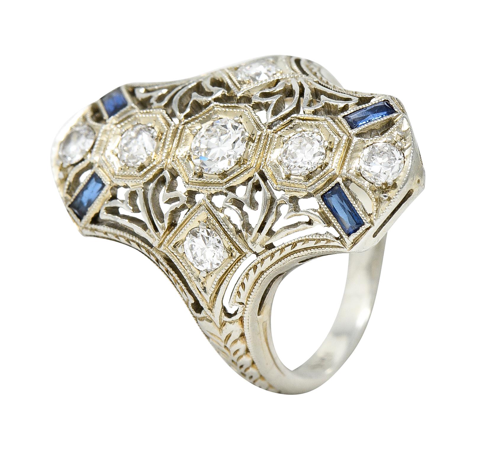 1930's Art Deco Sapphire Diamond 18 Karat White Gold Dinner Ring 2