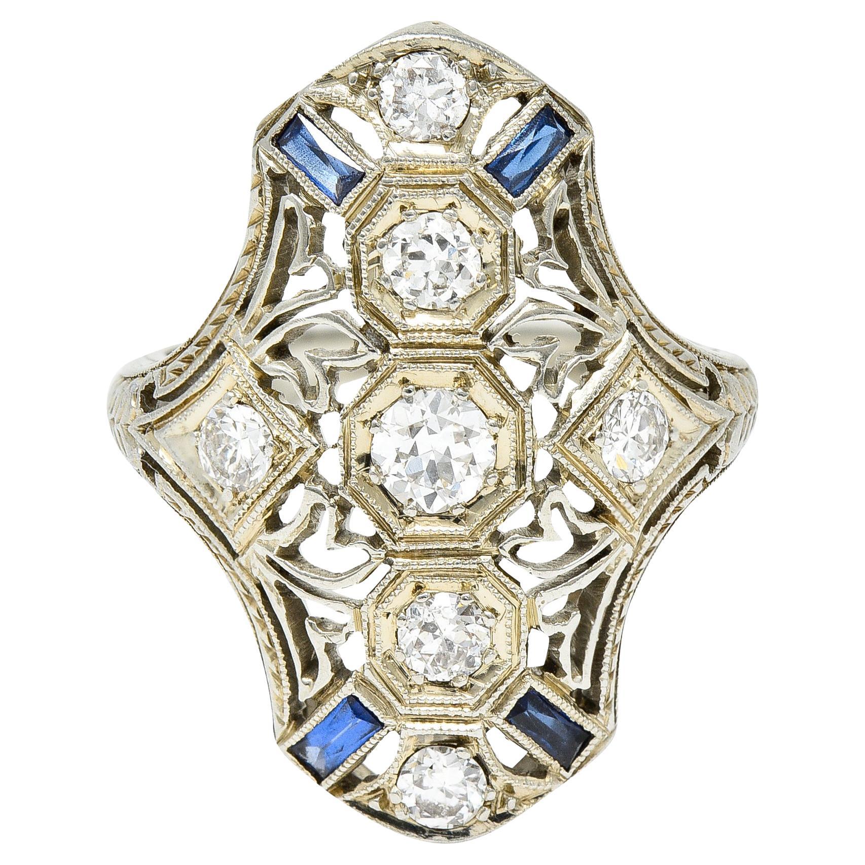 1930's Art Deco Sapphire Diamond 18 Karat White Gold Dinner Ring