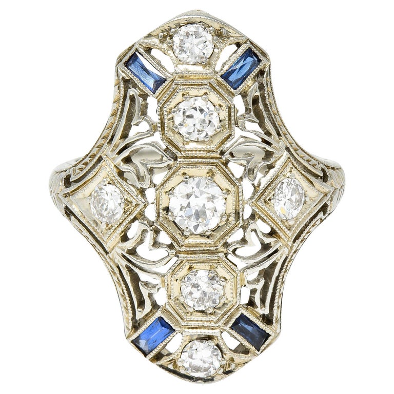 1930's Art Deco Sapphire Diamond 18 Karat White Gold Dinner Ring For ...