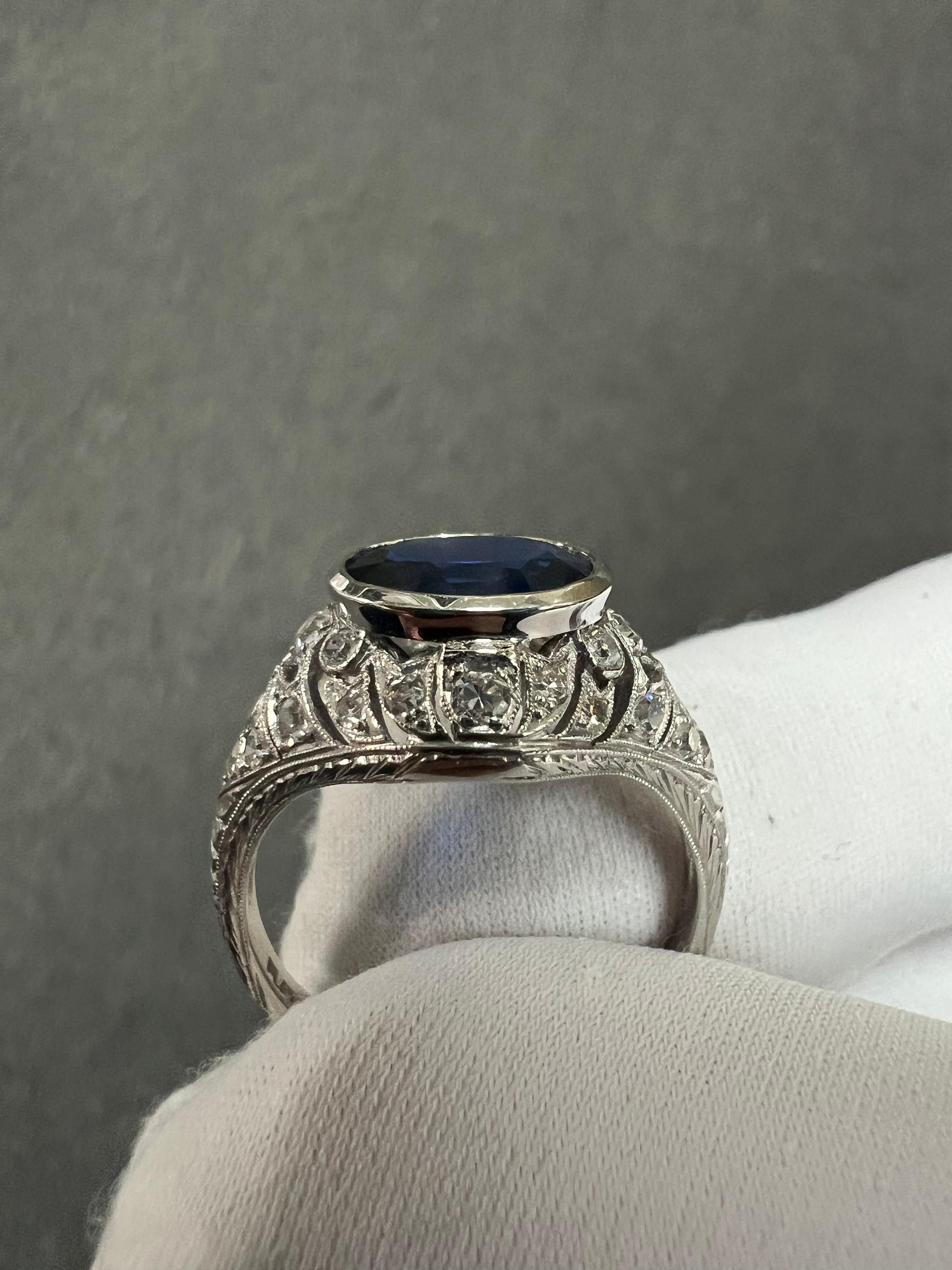 1930s Art Deco Sapphire Diamond Platinum Engagement Ring Size 8.5 For Sale 7