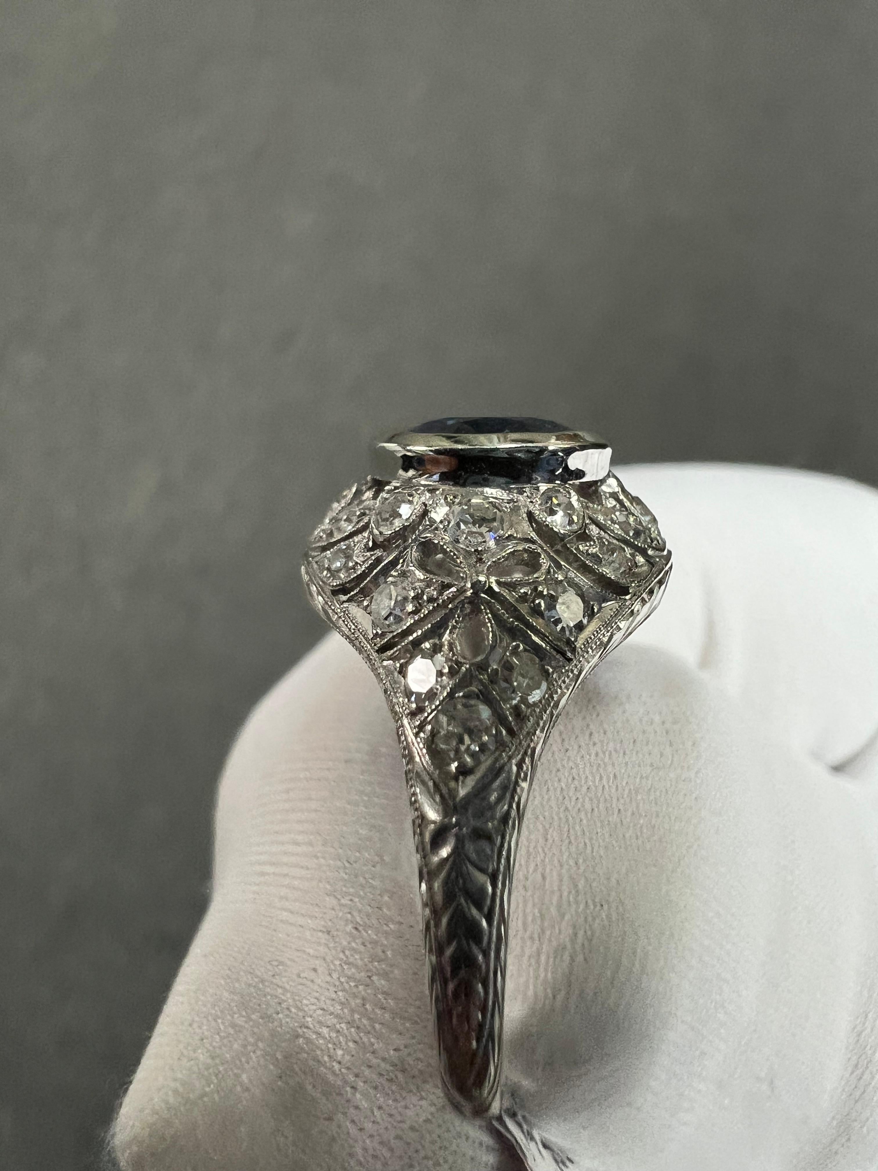 1930s Art Deco Sapphire Diamond Platinum Engagement Ring Size 8.5 For Sale 8