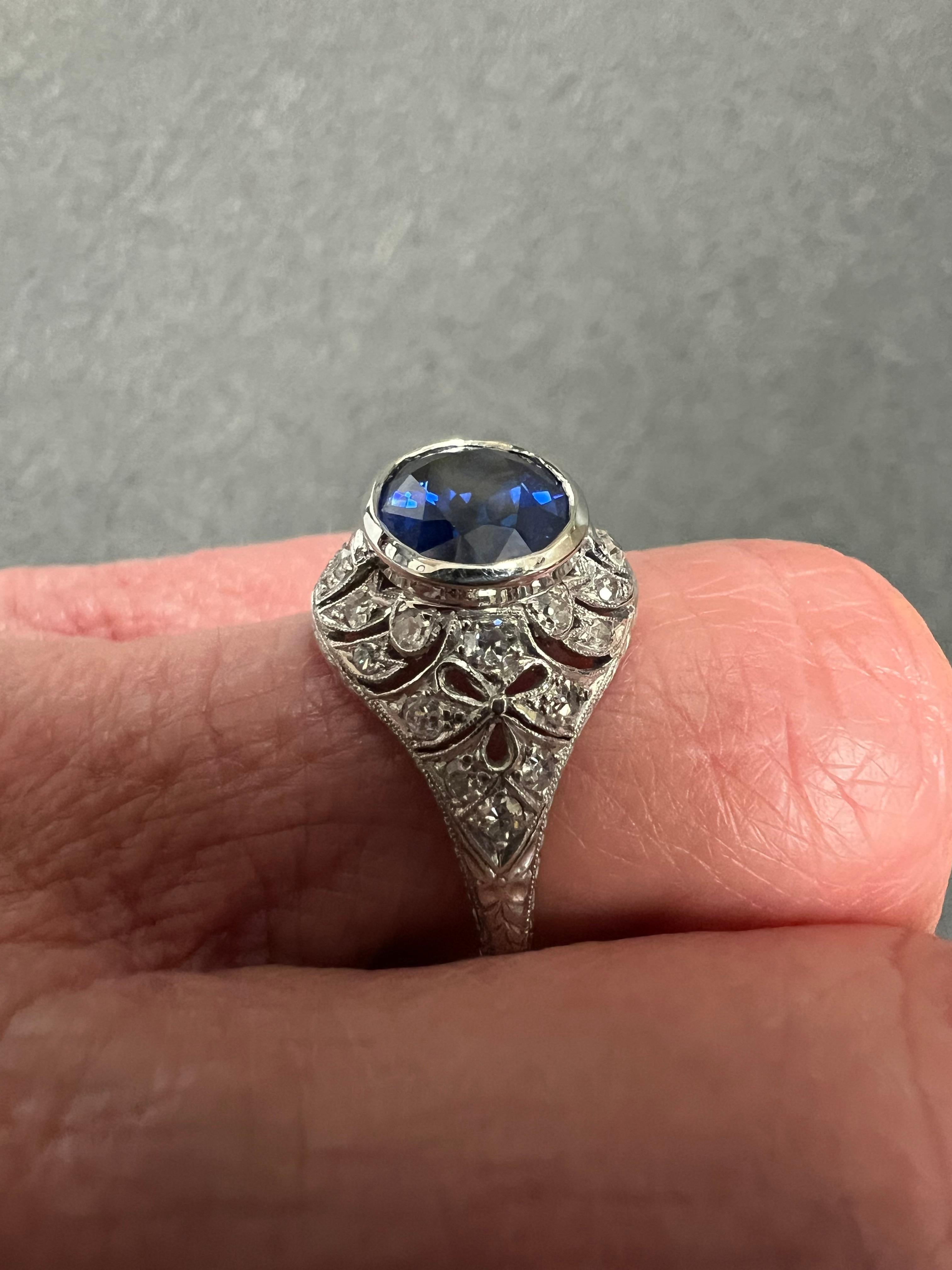 1930s Art Deco Sapphire Diamond Platinum Engagement Ring Size 8.5 In Good Condition For Sale In Los Angeles, CA